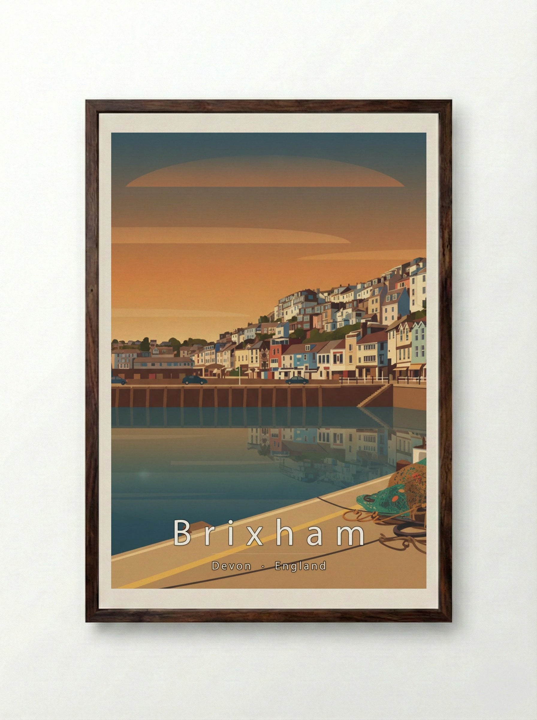 Brixham Travel Poster Artwork - Framed Print Dark Wood