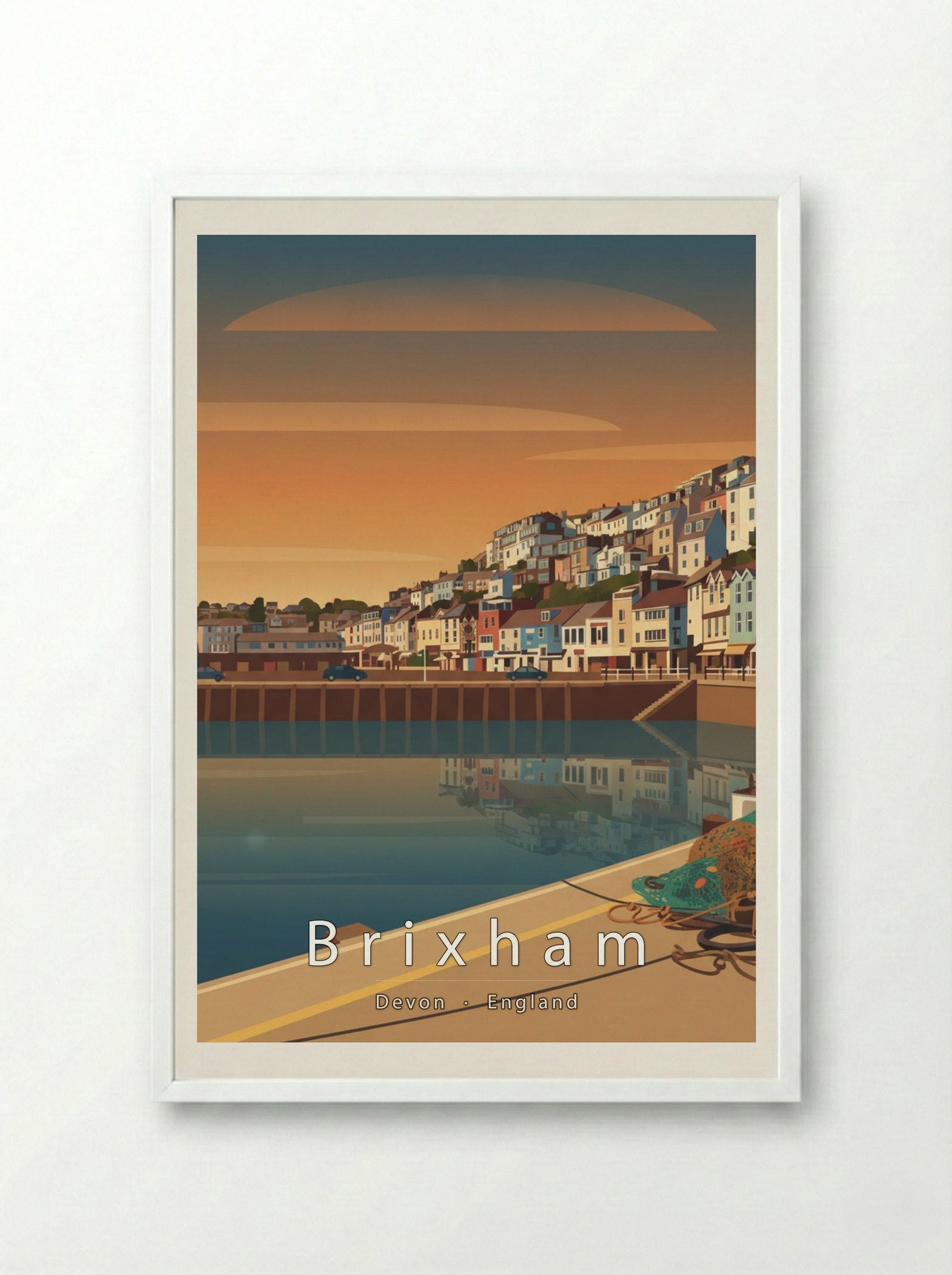 Brixham Travel Poster Artwork - Framed Print White