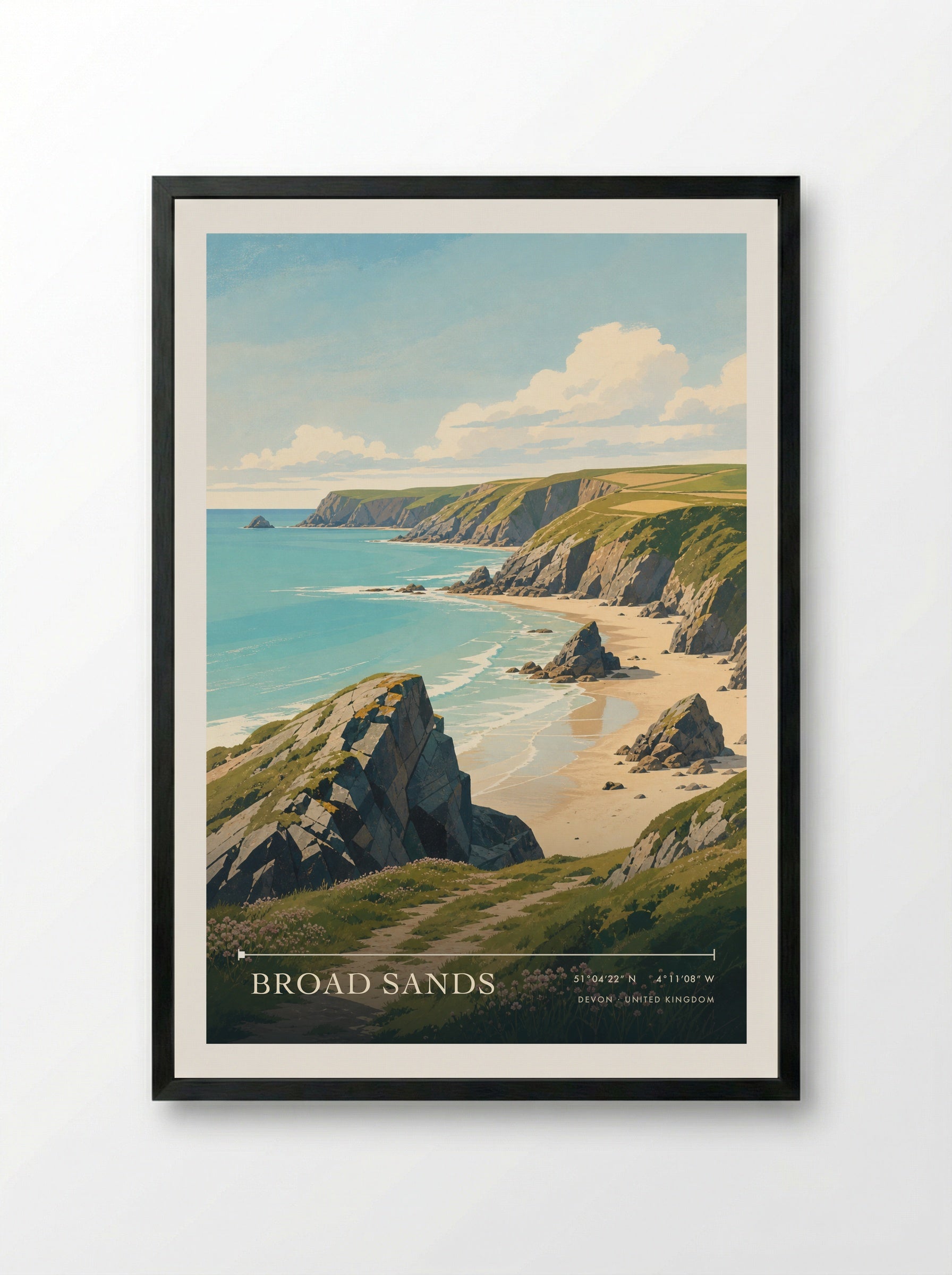 Broad Sands Devon United Kingdom Travel Poster - Framed Print Black