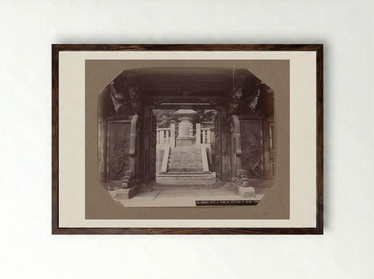 Bronze Gate and Tomb of Ietsugu at Zojo-ji Temple - Kusakabe Kimbei - Framed Print Dark Wood