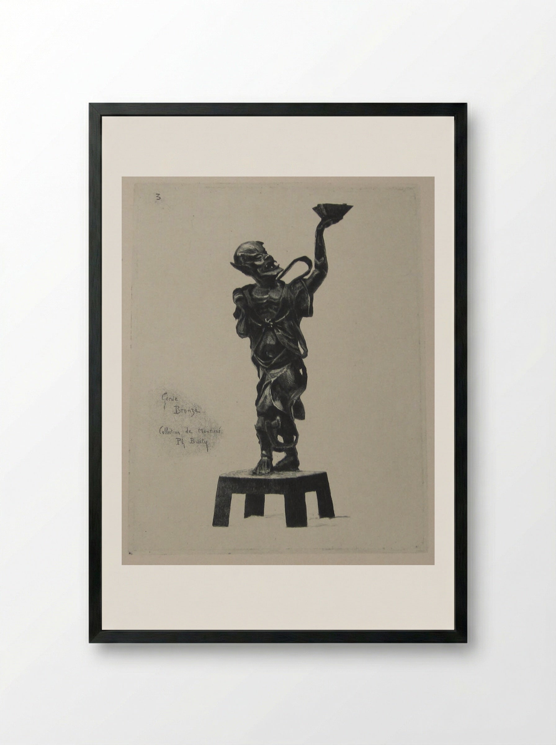 Bronze Statue of a Genie - Félix Hilaire Buhot - Framed Print Black