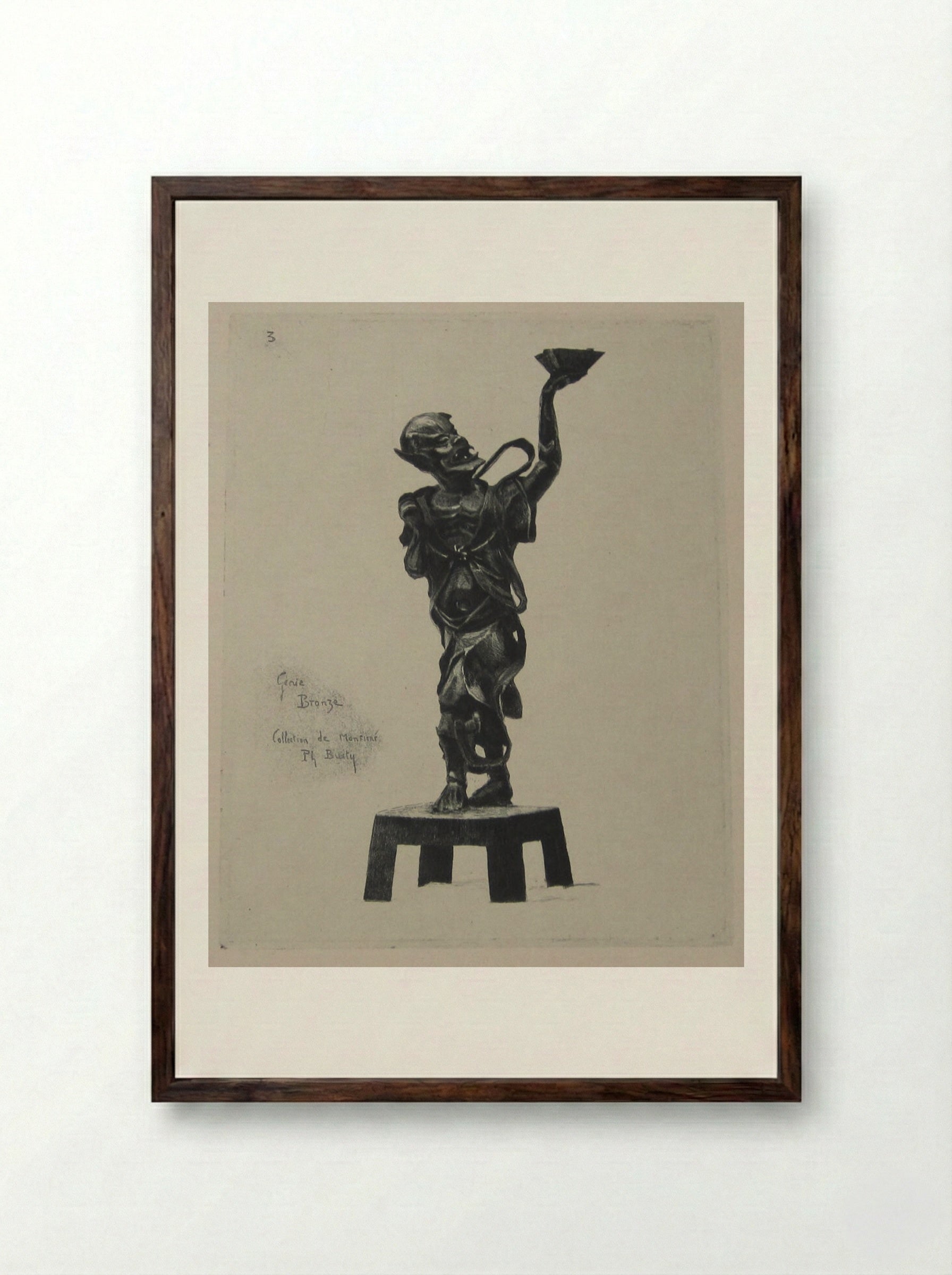 Bronze Statue of a Genie - Félix Hilaire Buhot - Framed Print Dark Wood
