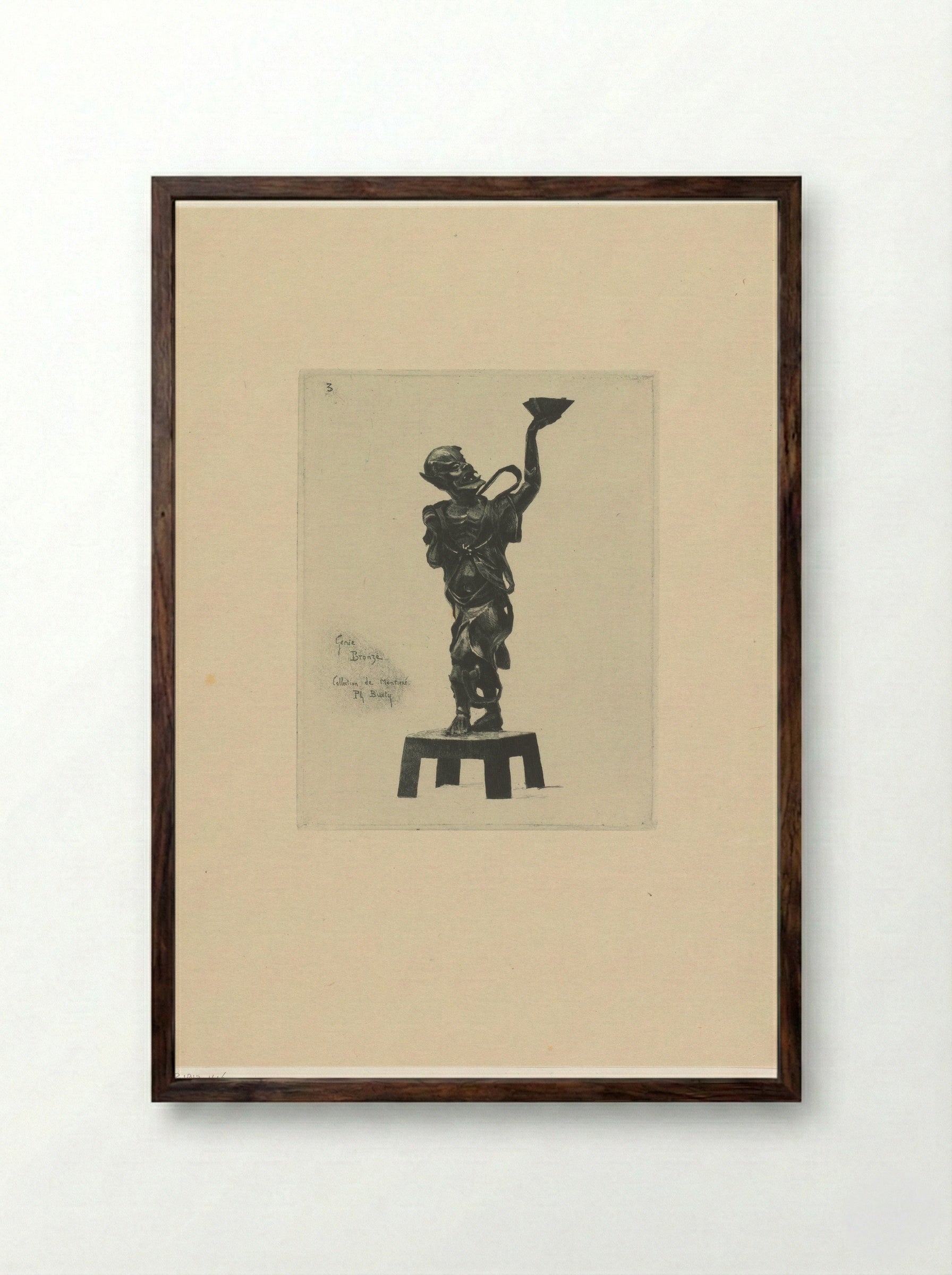 Bronzen beeld van een boze geest - Félix Hilaire Buhot - Framed Print Dark Wood