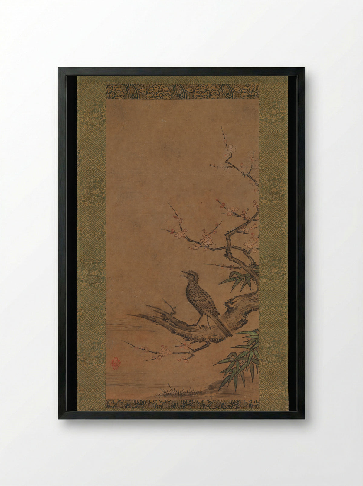 Brown-Eared Bulbul (Hiyodori) on a Branch of Plum - Kano Shōei - Framed Print Black