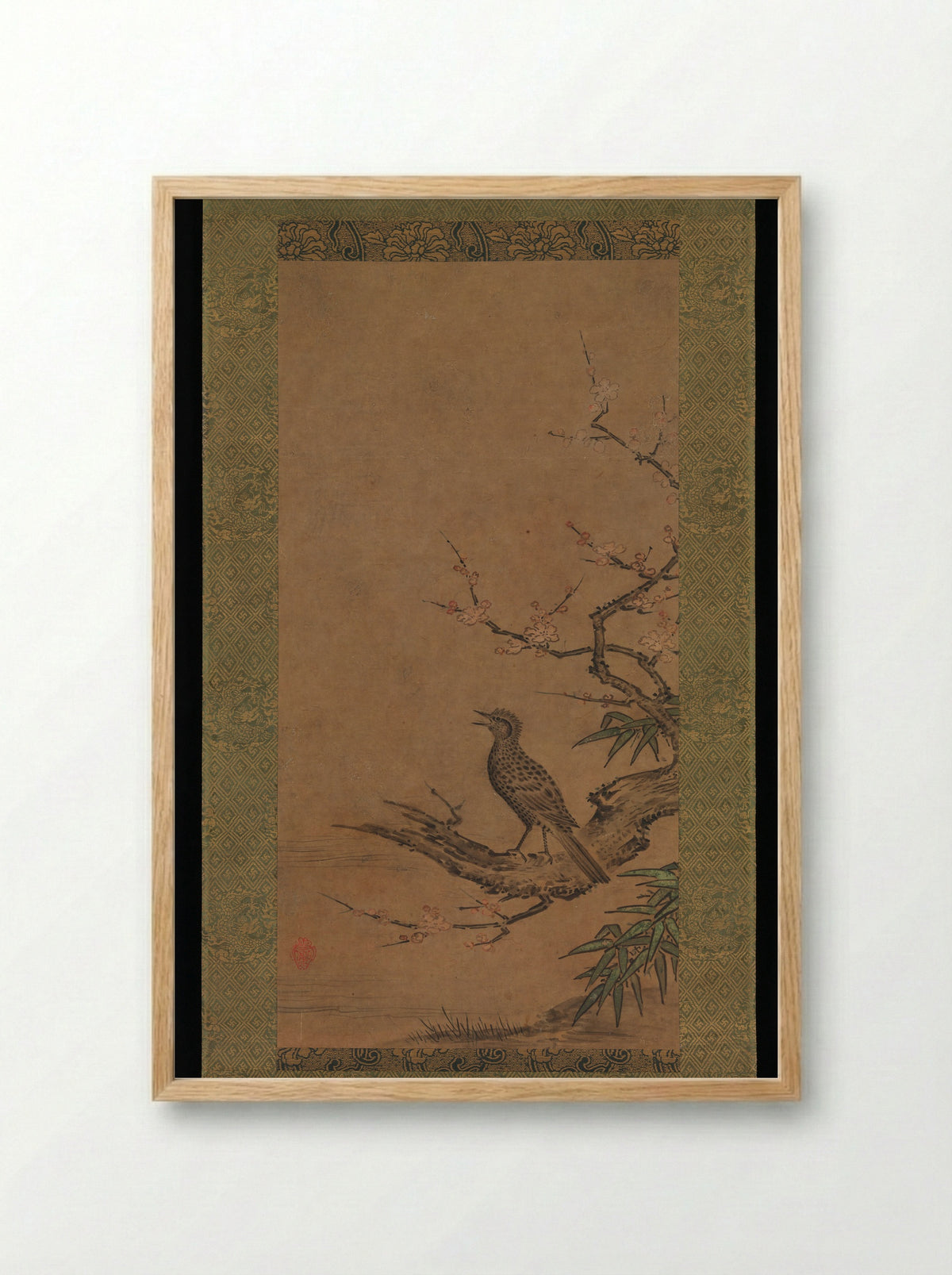 Brown-Eared Bulbul (Hiyodori) on a Branch of Plum - Kano Shōei - Framed Print Wood