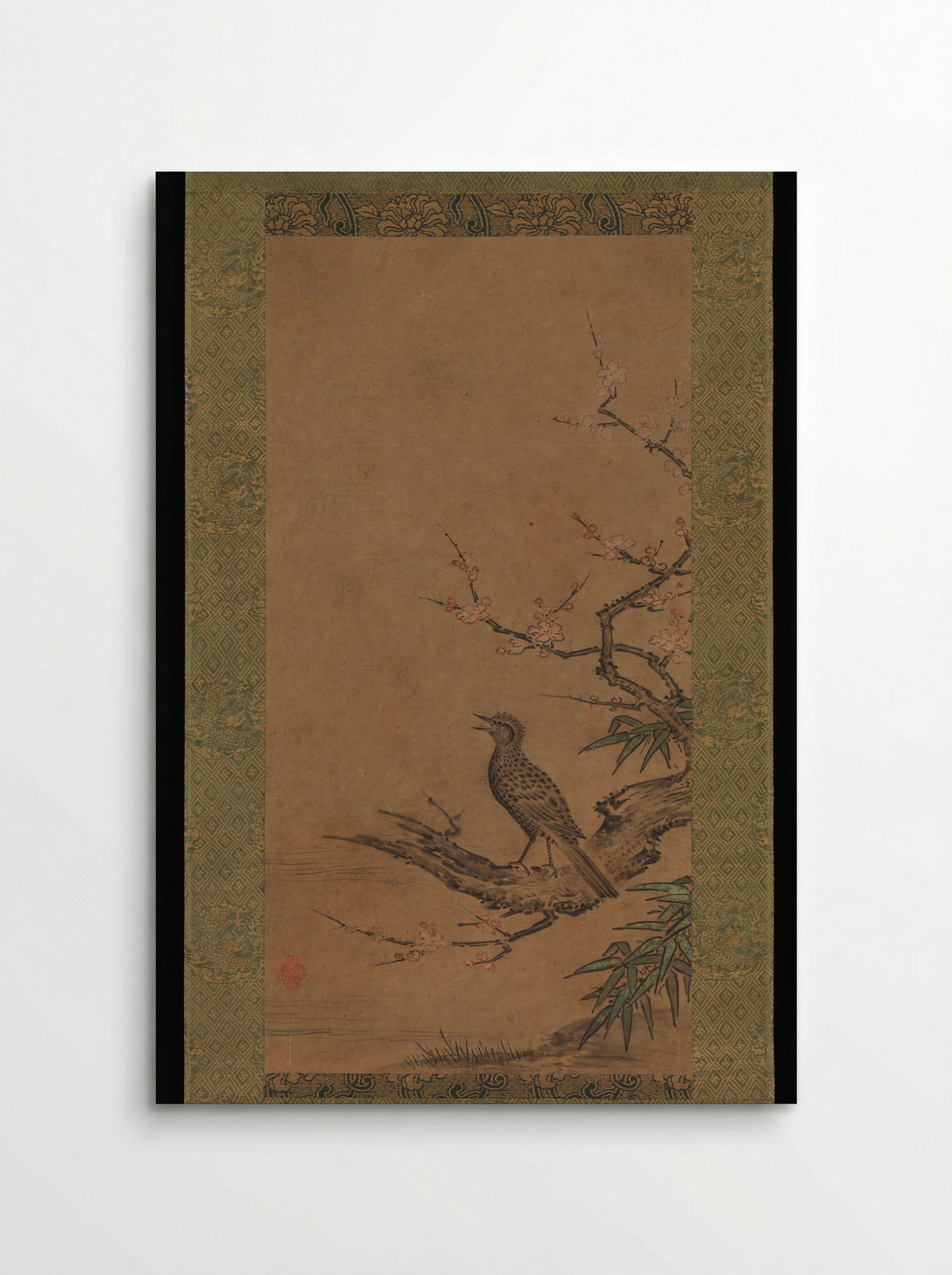 Brown-Eared Bulbul (Hiyodori) on a Branch of Plum - Kano Shōei - Poster