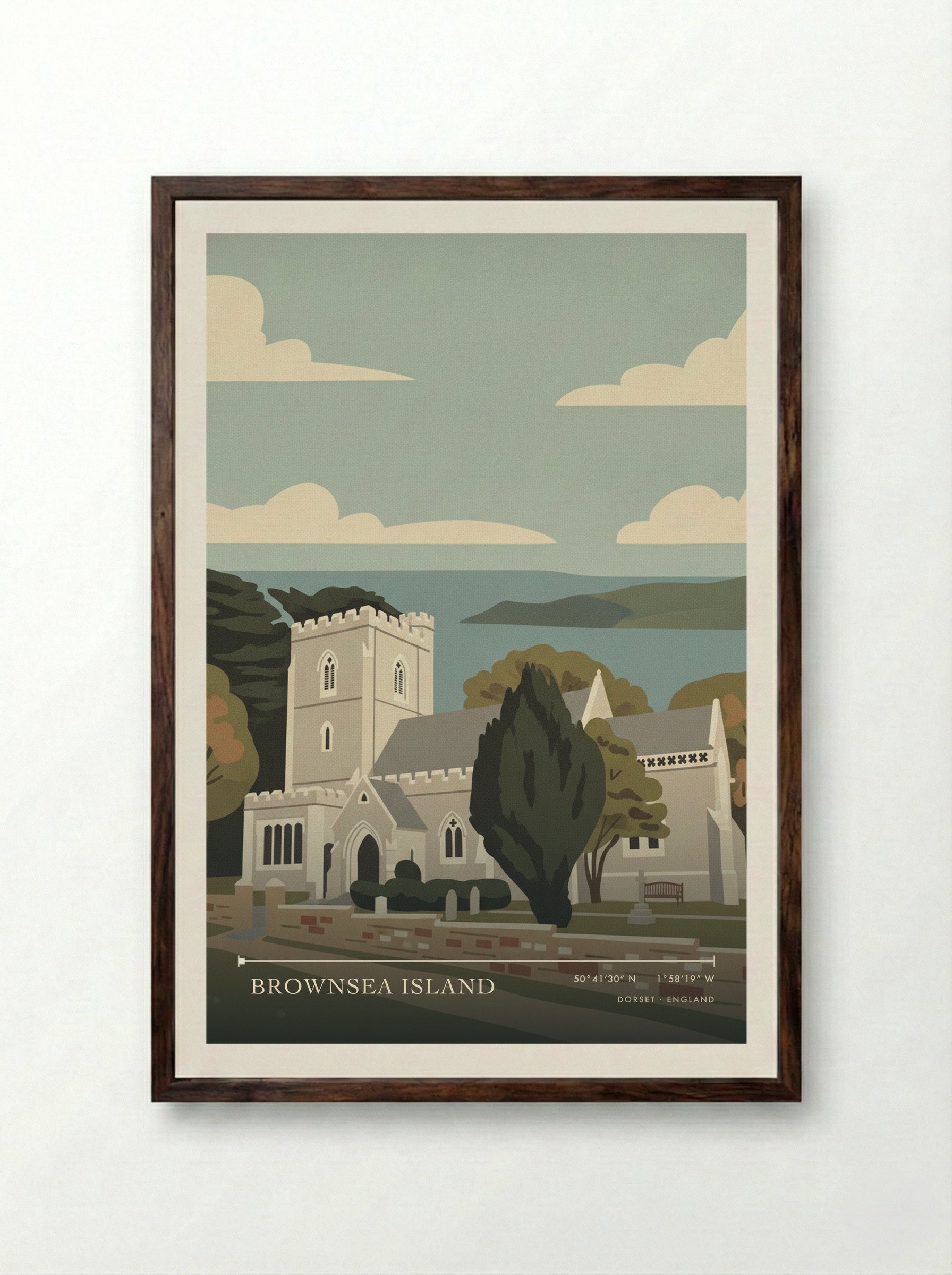Brownsea Island Dorset England Travel Poster - Framed Print Dark Wood