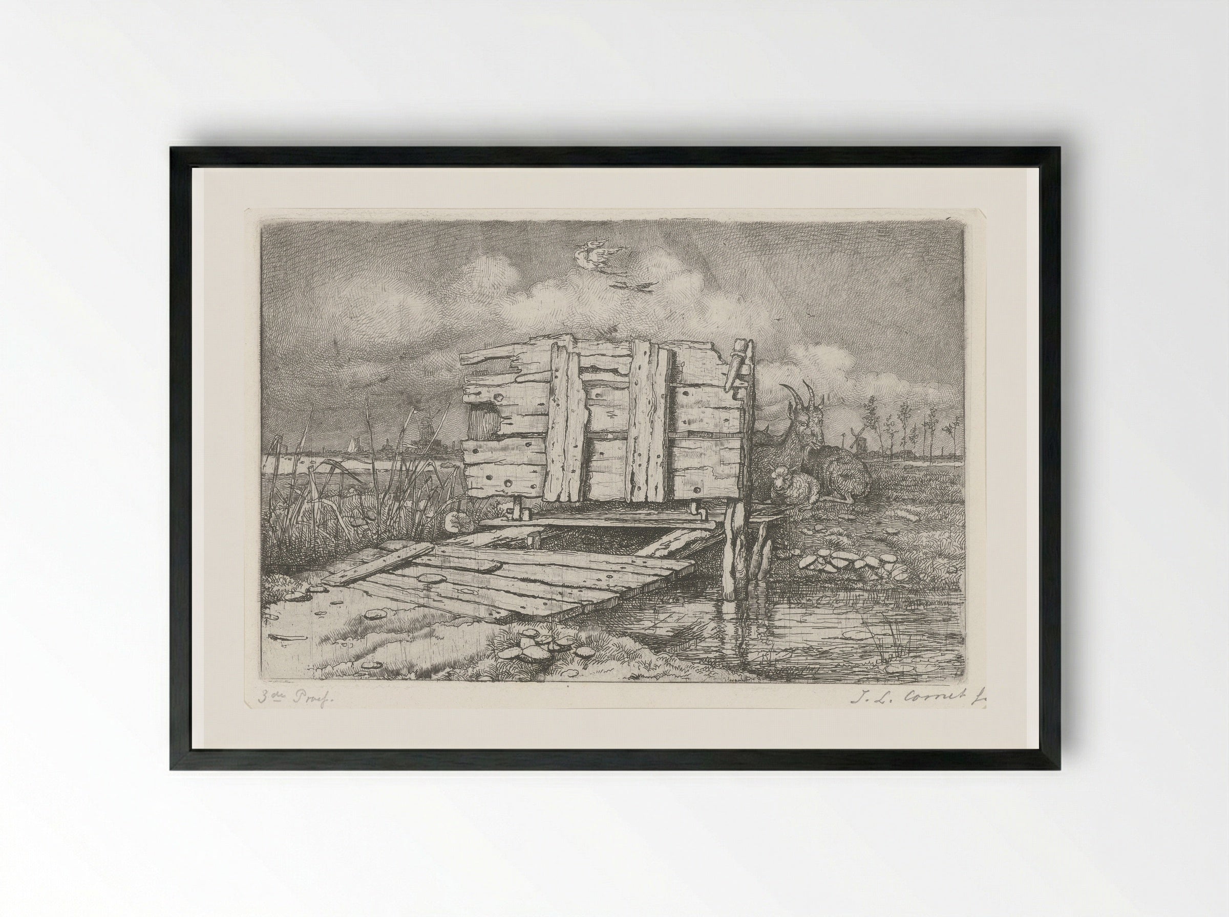 Brugje over een beek - Jacobus Ludovicus Cornet - Framed Print Black