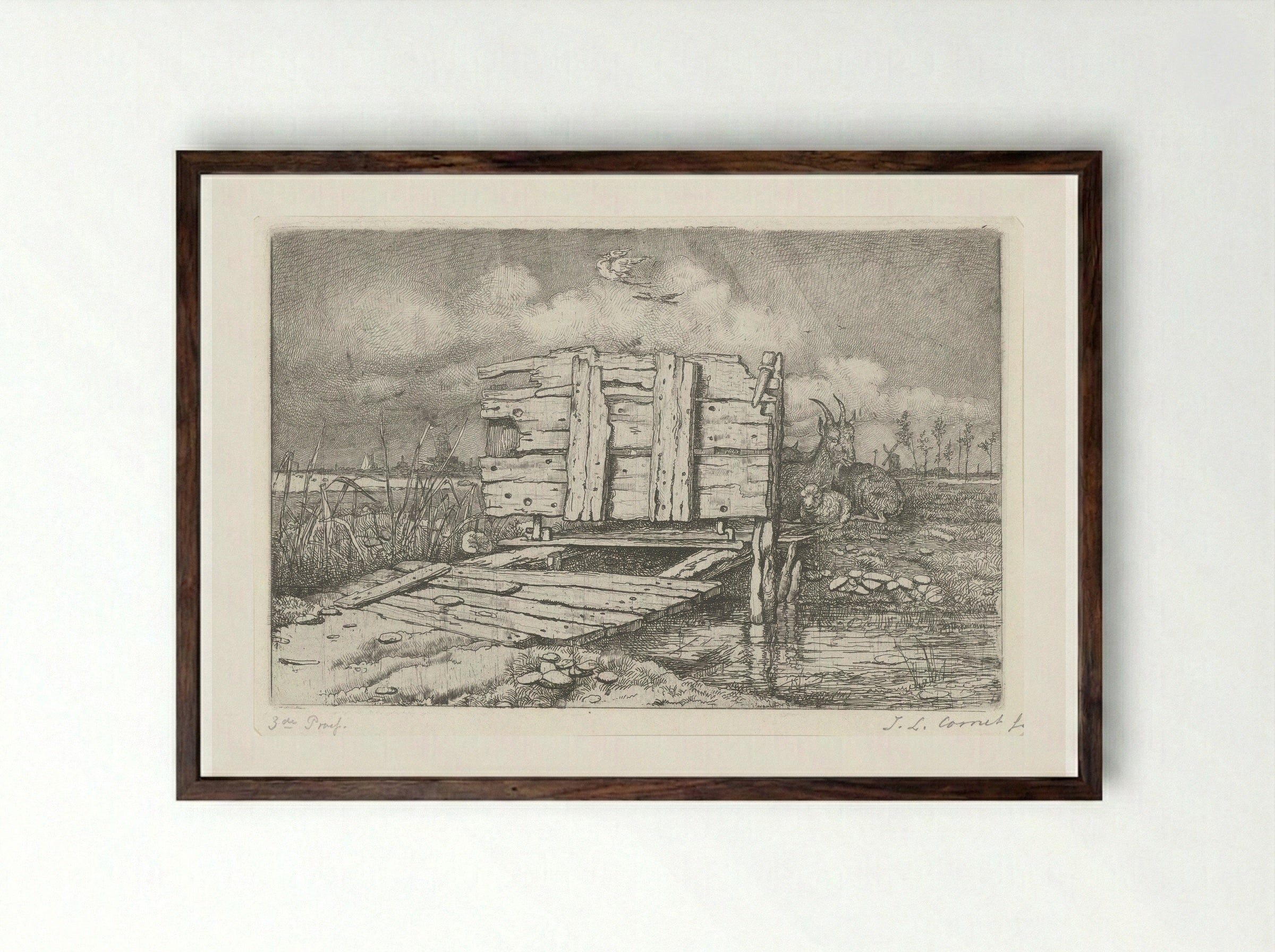Brugje over een beek - Jacobus Ludovicus Cornet - Framed Print Dark Wood