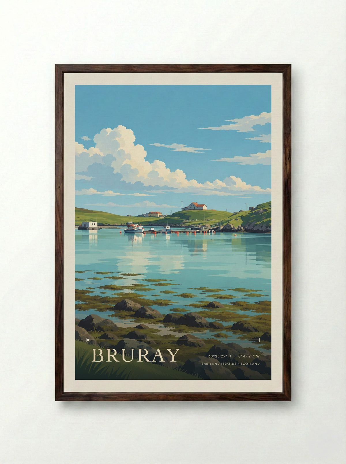 Bruray, Shetland Islands | Travel Poster - Framed Print Dark Wood