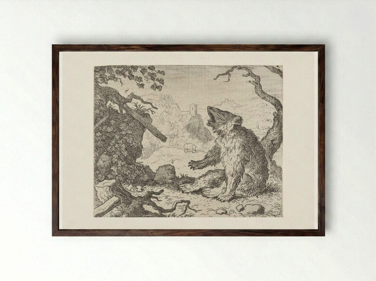 Bruun de beer dagvaardt Reinaert de vos - Allaert van Everdingen - Framed Print Dark Wood