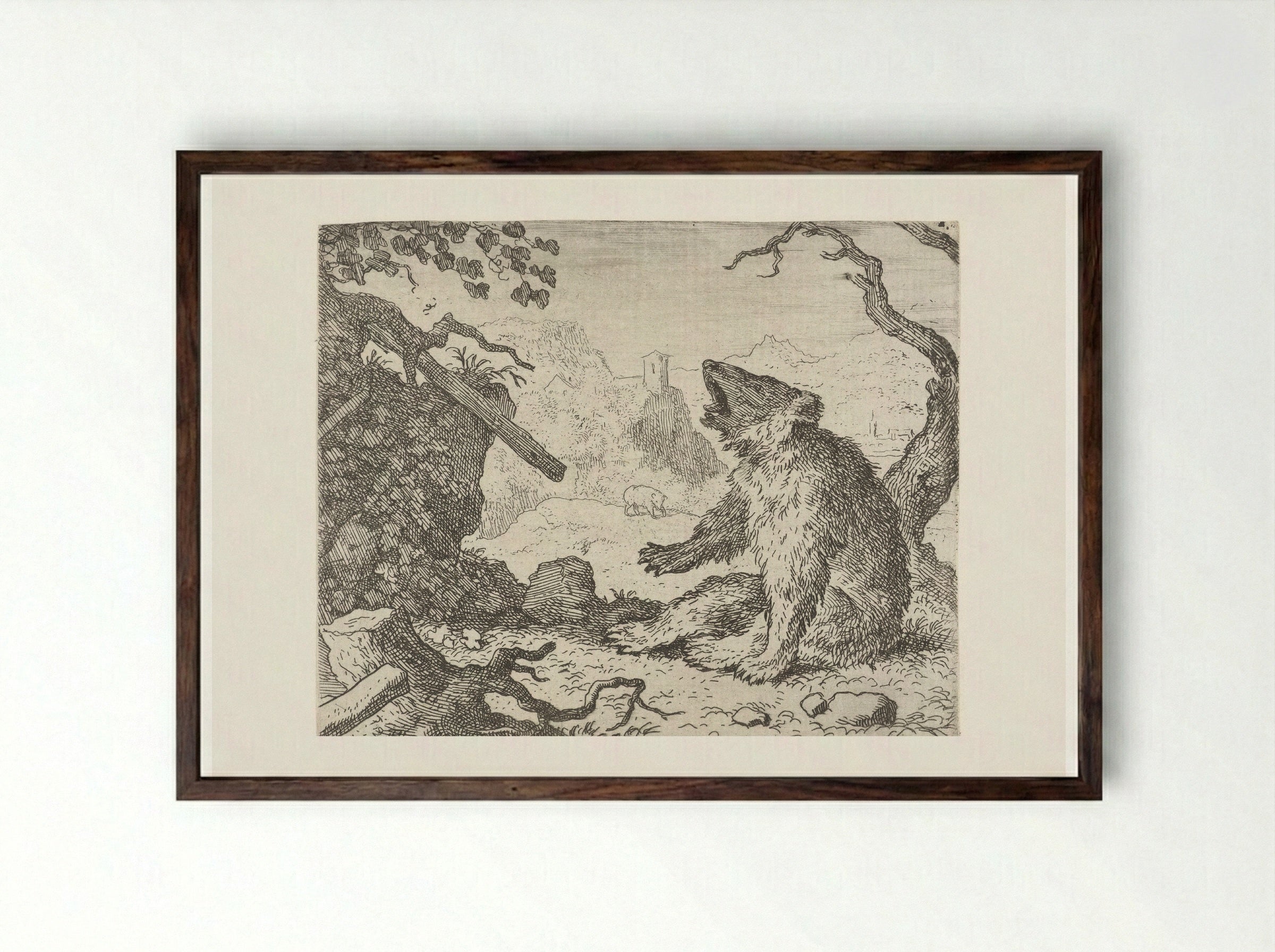 Bruun de beer dagvaardt Reinaert de vos - Allaert van Everdingen - Framed Print Dark Wood