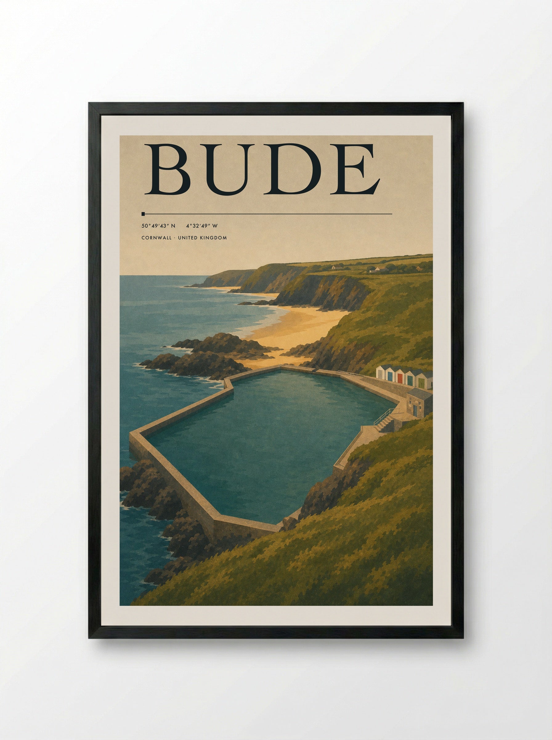 Bude Cornwall Travel Poster - Framed Print Black
