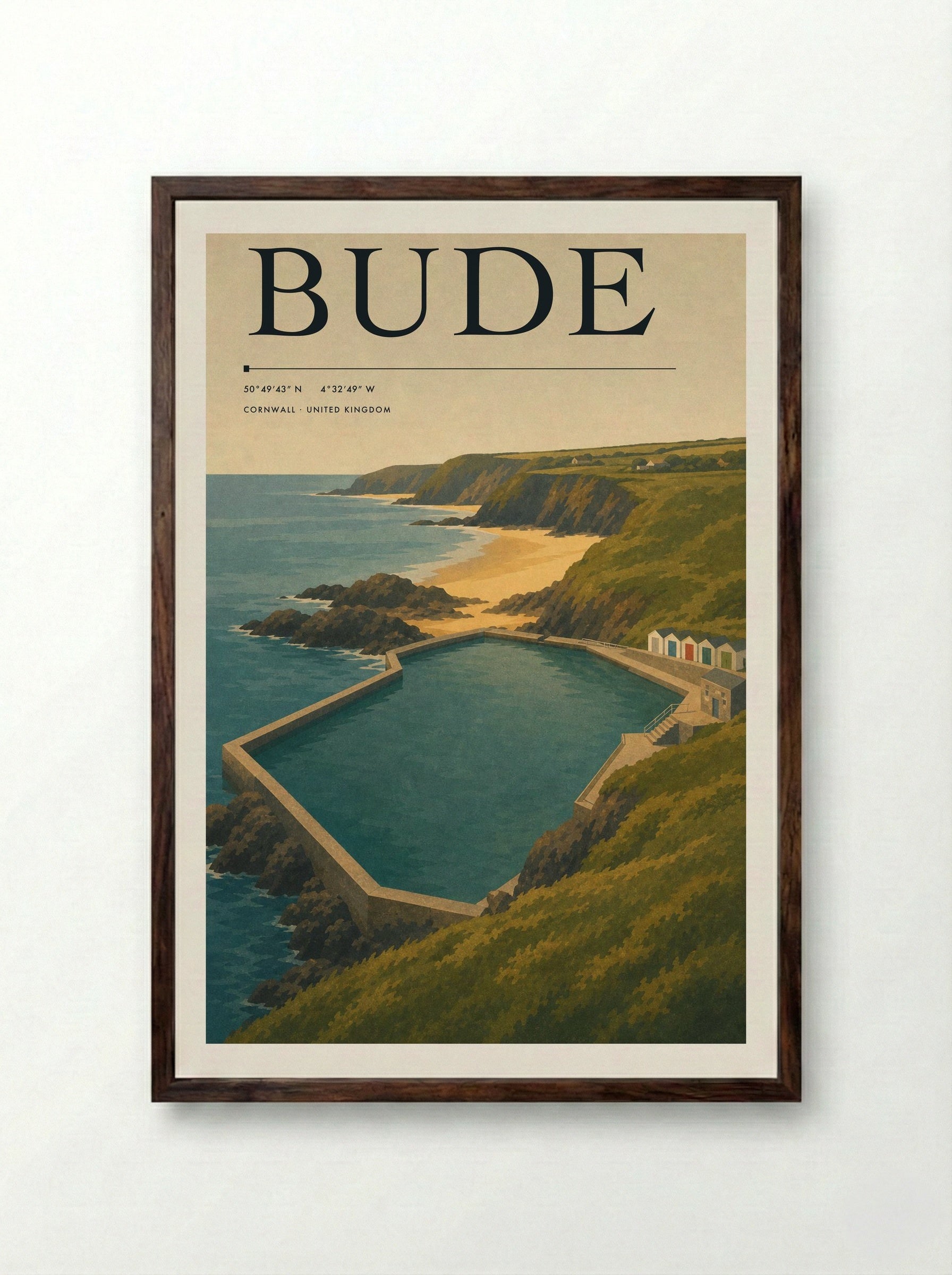 Bude Cornwall Travel Poster - Framed Print Dark Wood