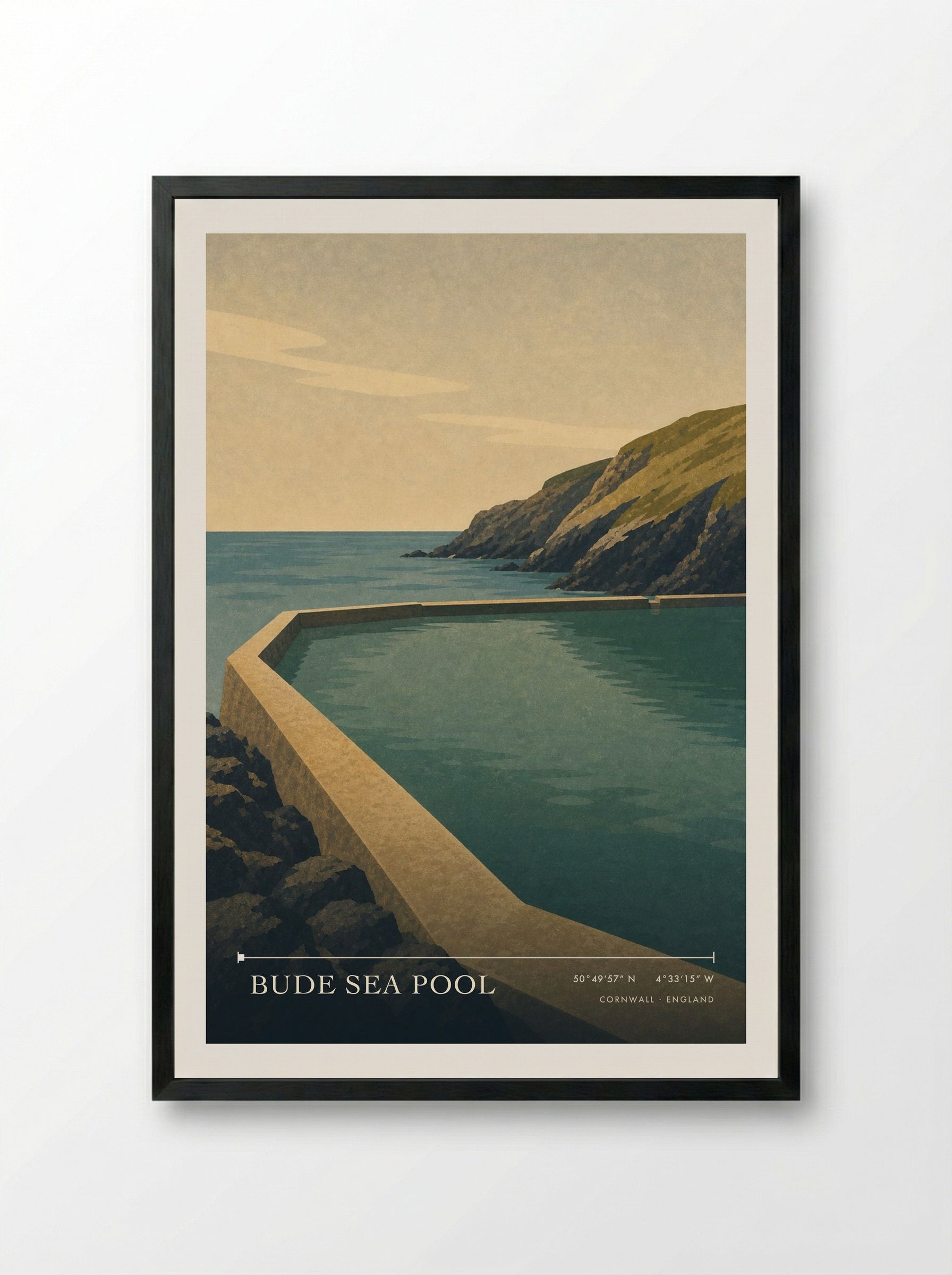 Bude Sea Pool Cornwall England Travel Poster - Framed Print Black