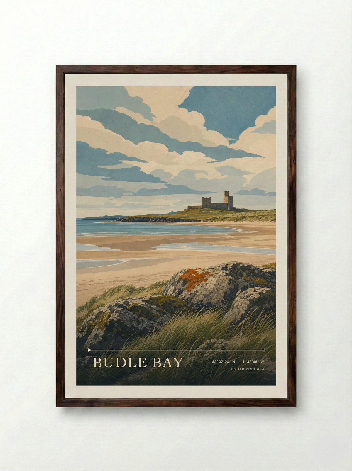 Budle Bay United Kingdom Travel Poster - Framed Print Dark Wood