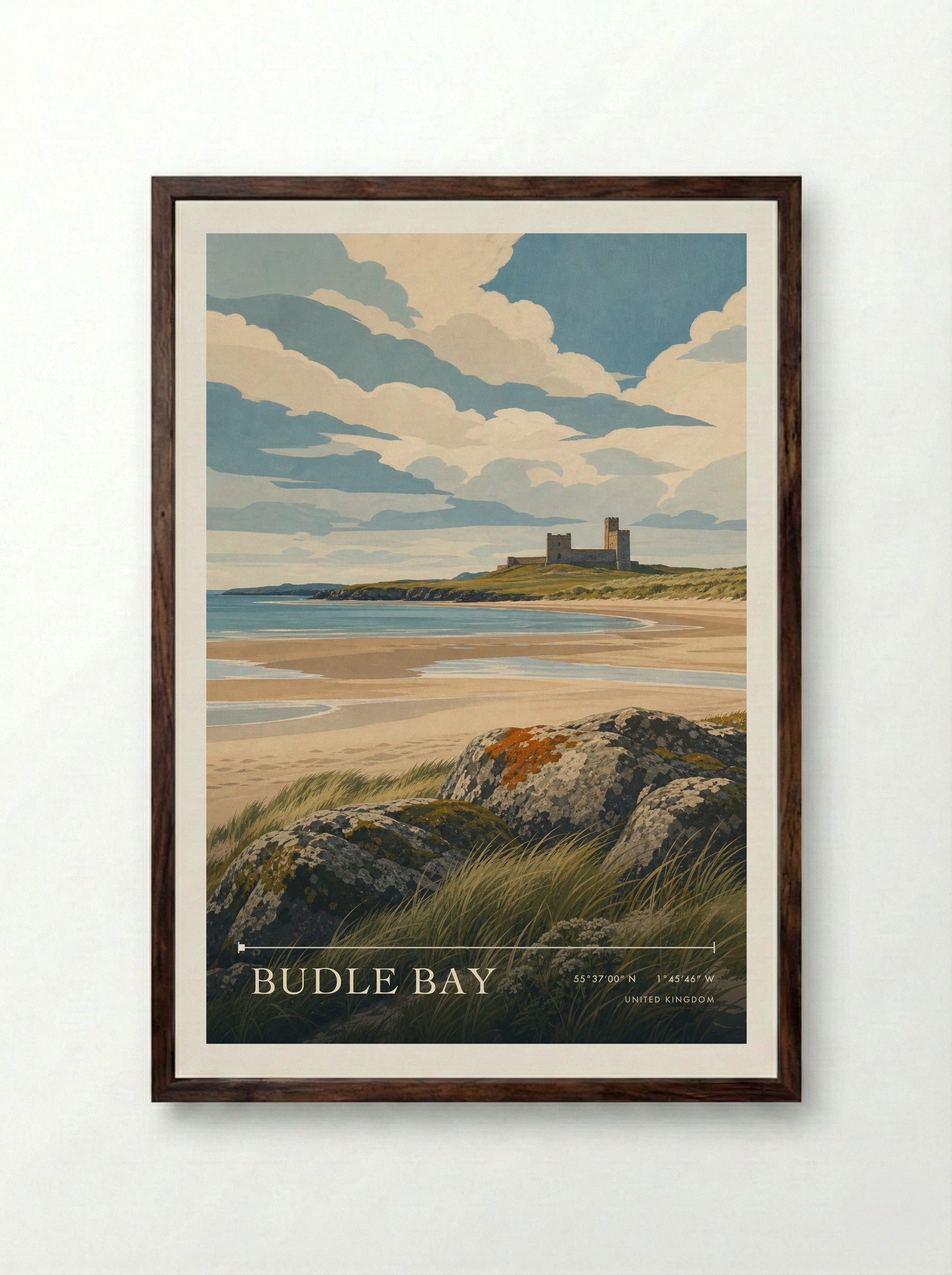Budle Bay United Kingdom Travel Poster - Framed Print Dark Wood