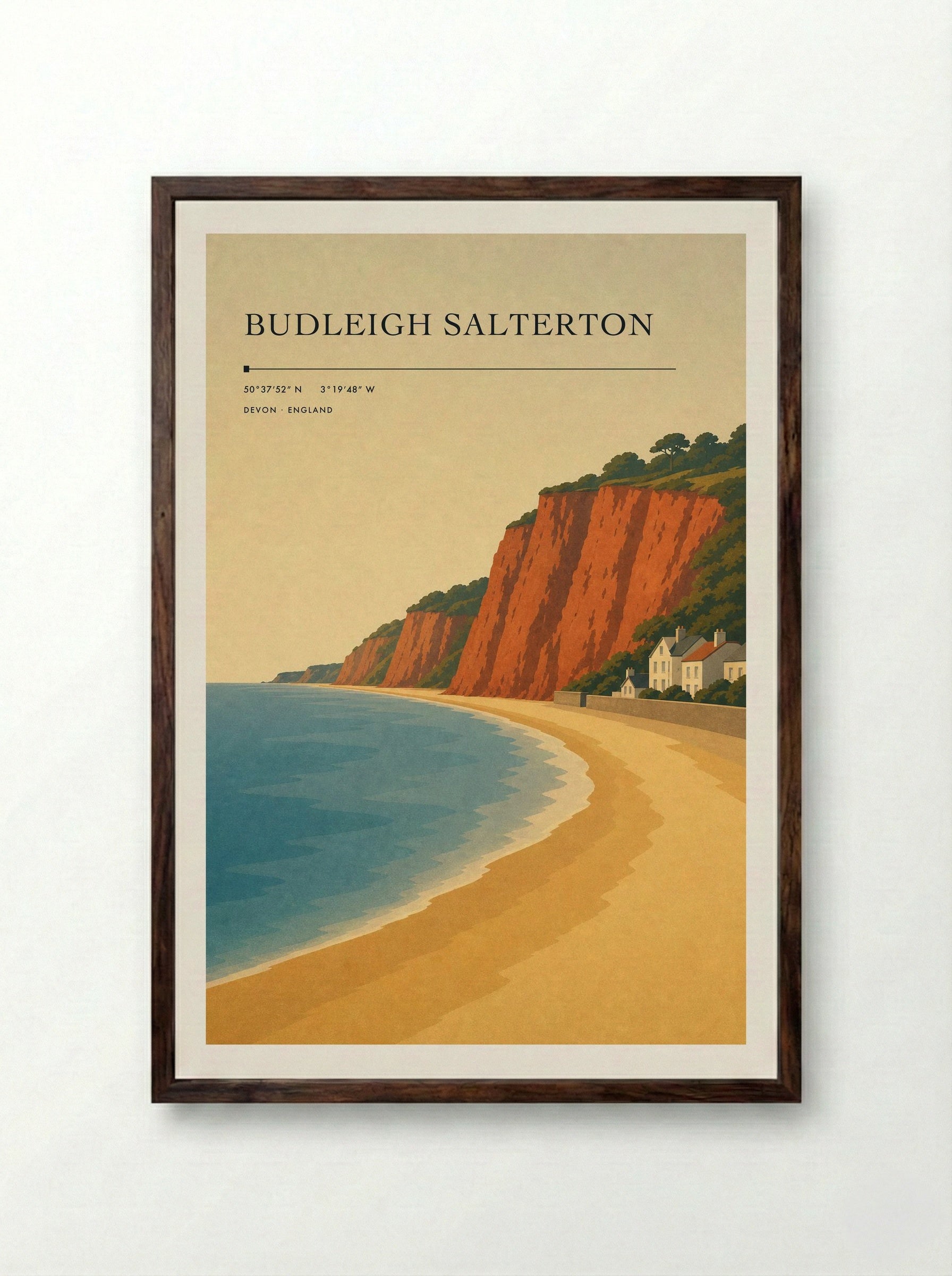 Budleigh Salterton Travel Poster - Framed Print Dark Wood