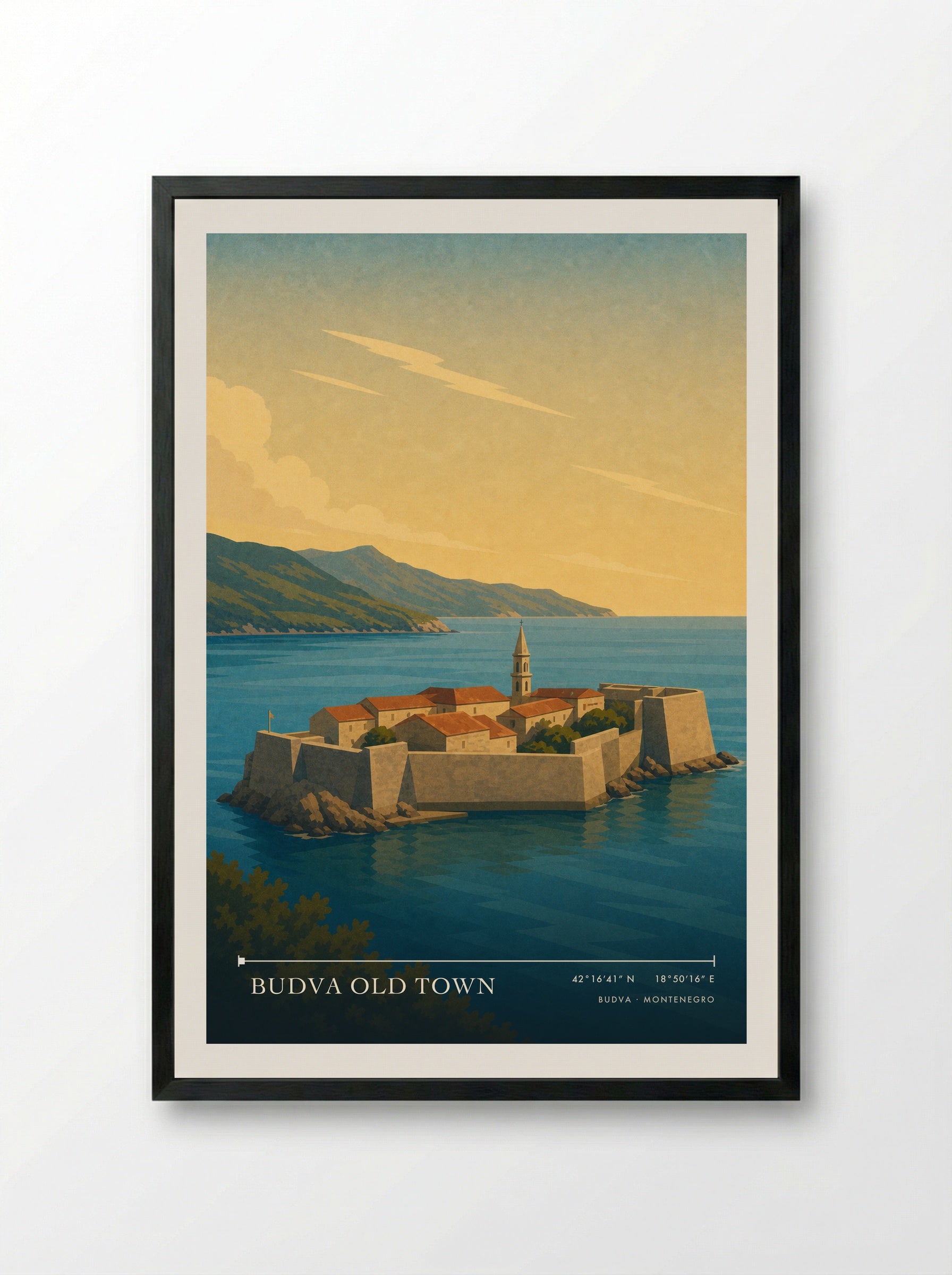 Budva Old Town Montenegro Travel Poster - Framed Print Black