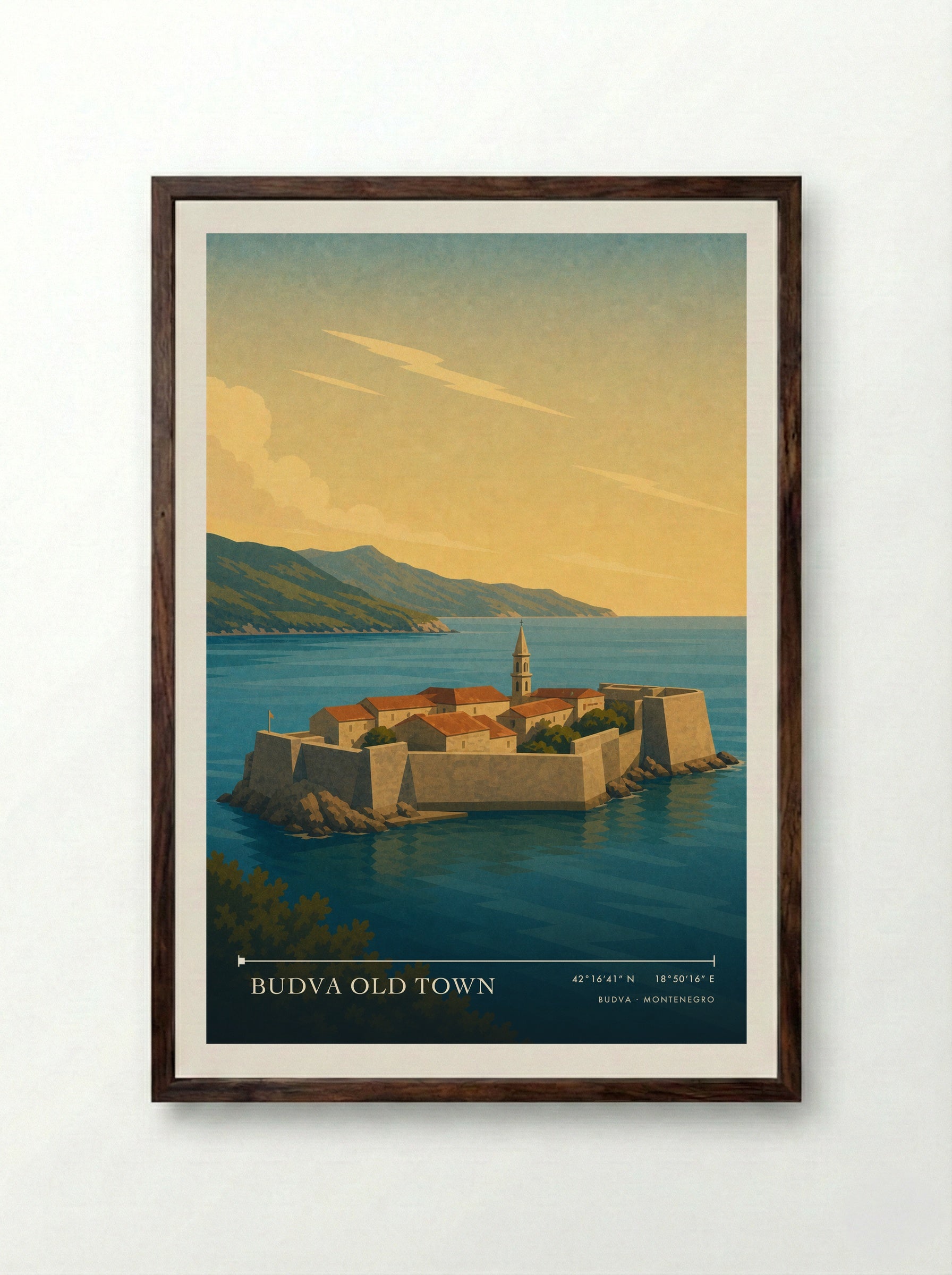 Budva Old Town Montenegro Travel Poster - Framed Print Dark Wood