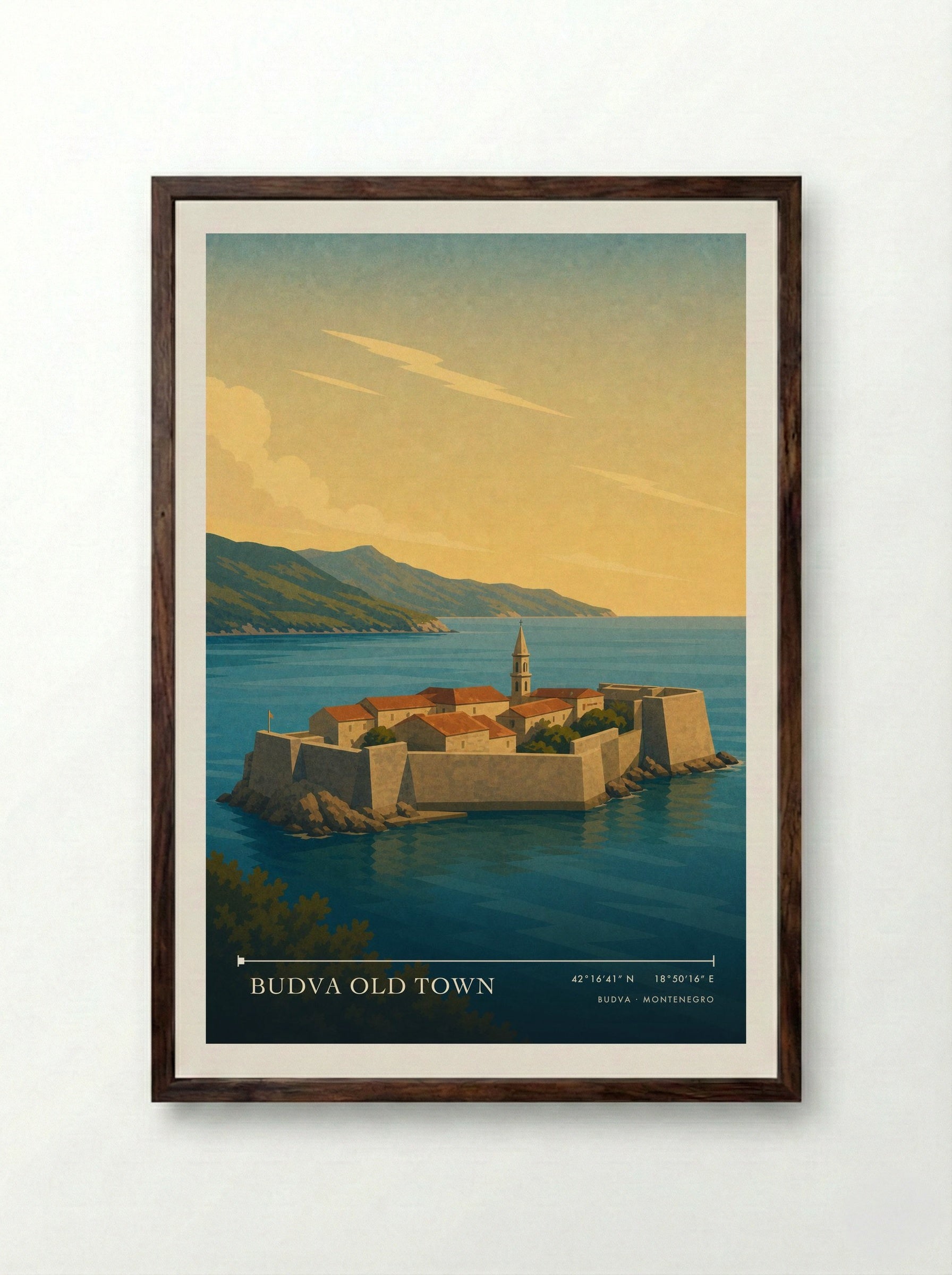Budva Old Town Montenegro Travel Poster - Framed Print Dark Wood