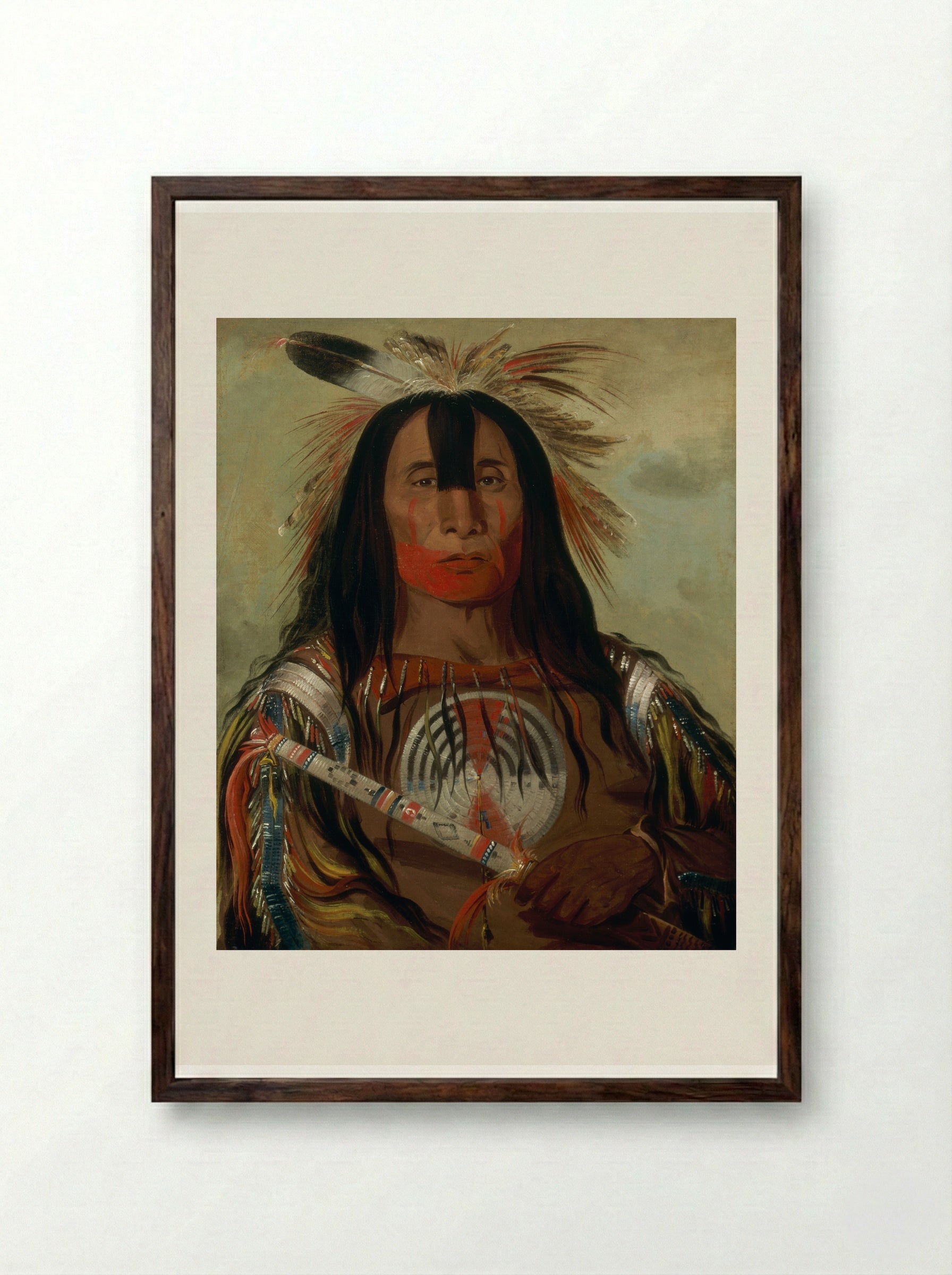 Buffalo Bull, a Grand Pawnee Warrior - George Catlin - Framed Print Dark Wood