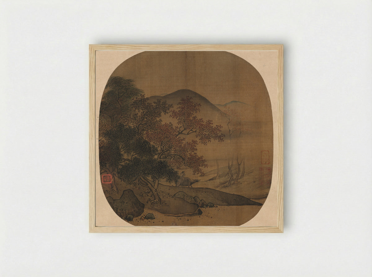 Buffalo and Boy in Autumnal Landscape - Yan Ciping - Framed Print Wood