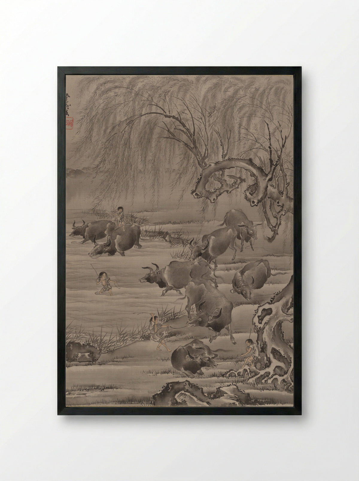 Buffalo and Herdsman - Kawanabe Kyōsai - Framed Print Black