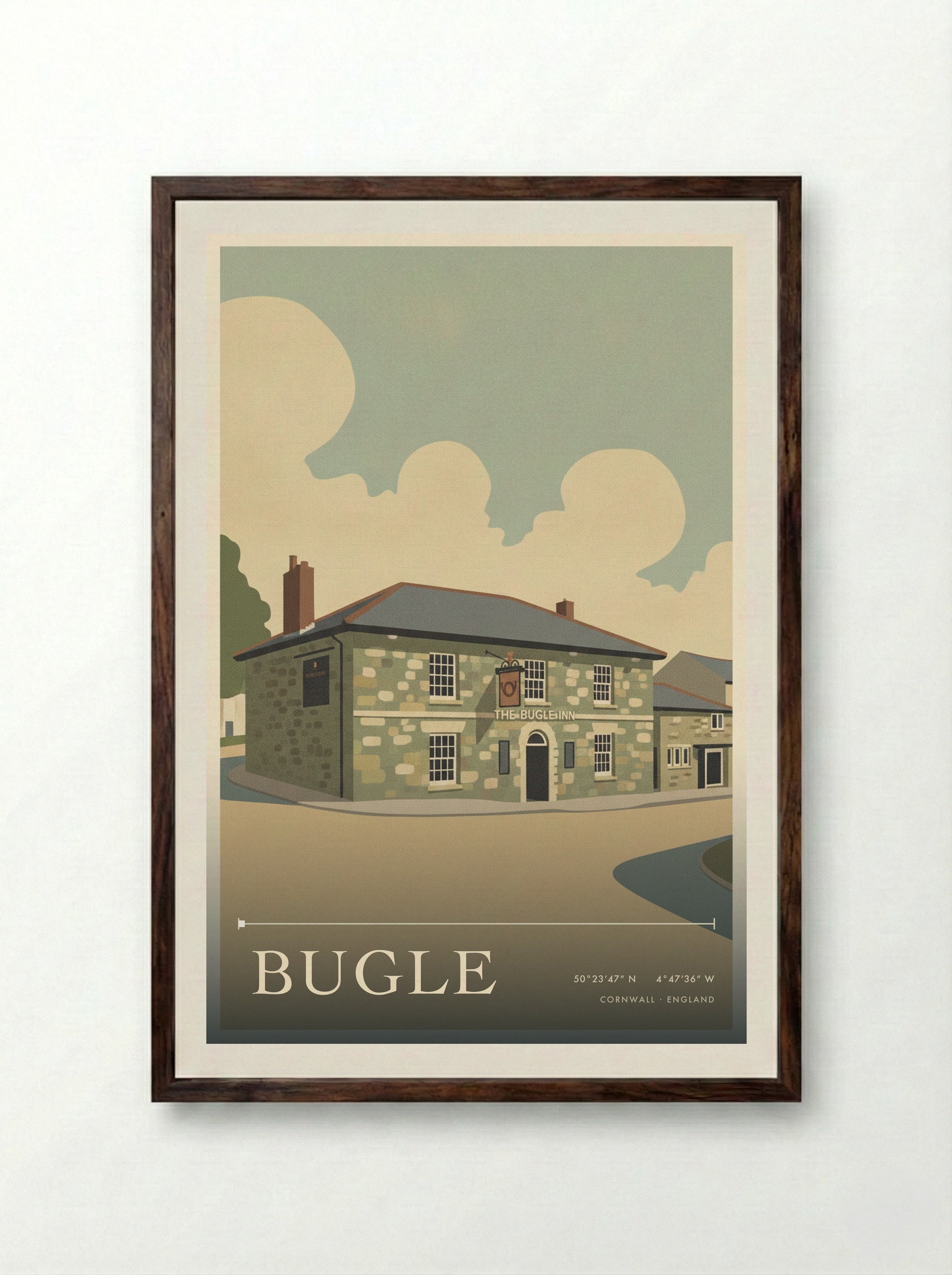 Bugle Cornwall England Travel Poster - Framed Print Dark Wood