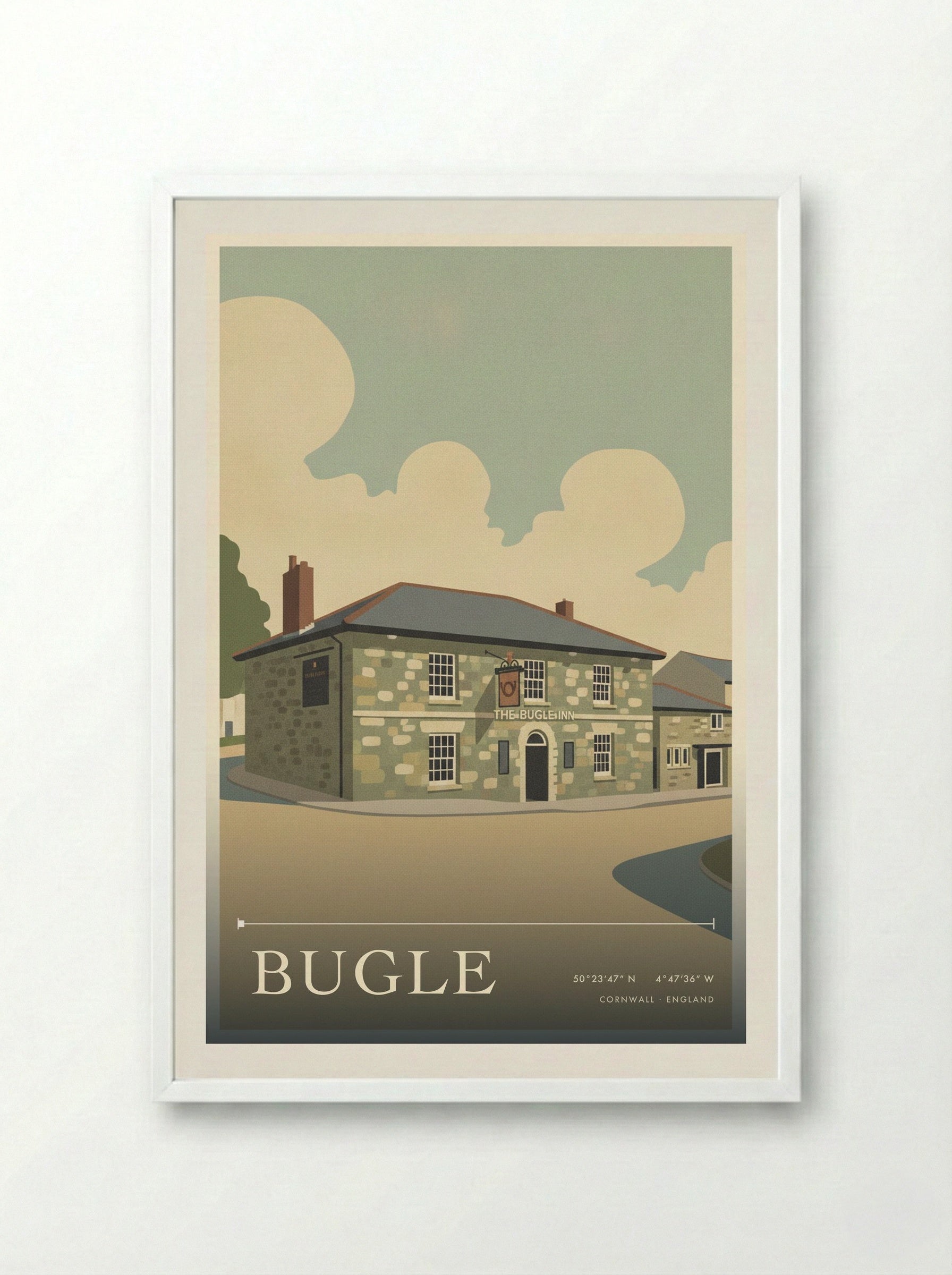Bugle Cornwall England Travel Poster - Framed Print White