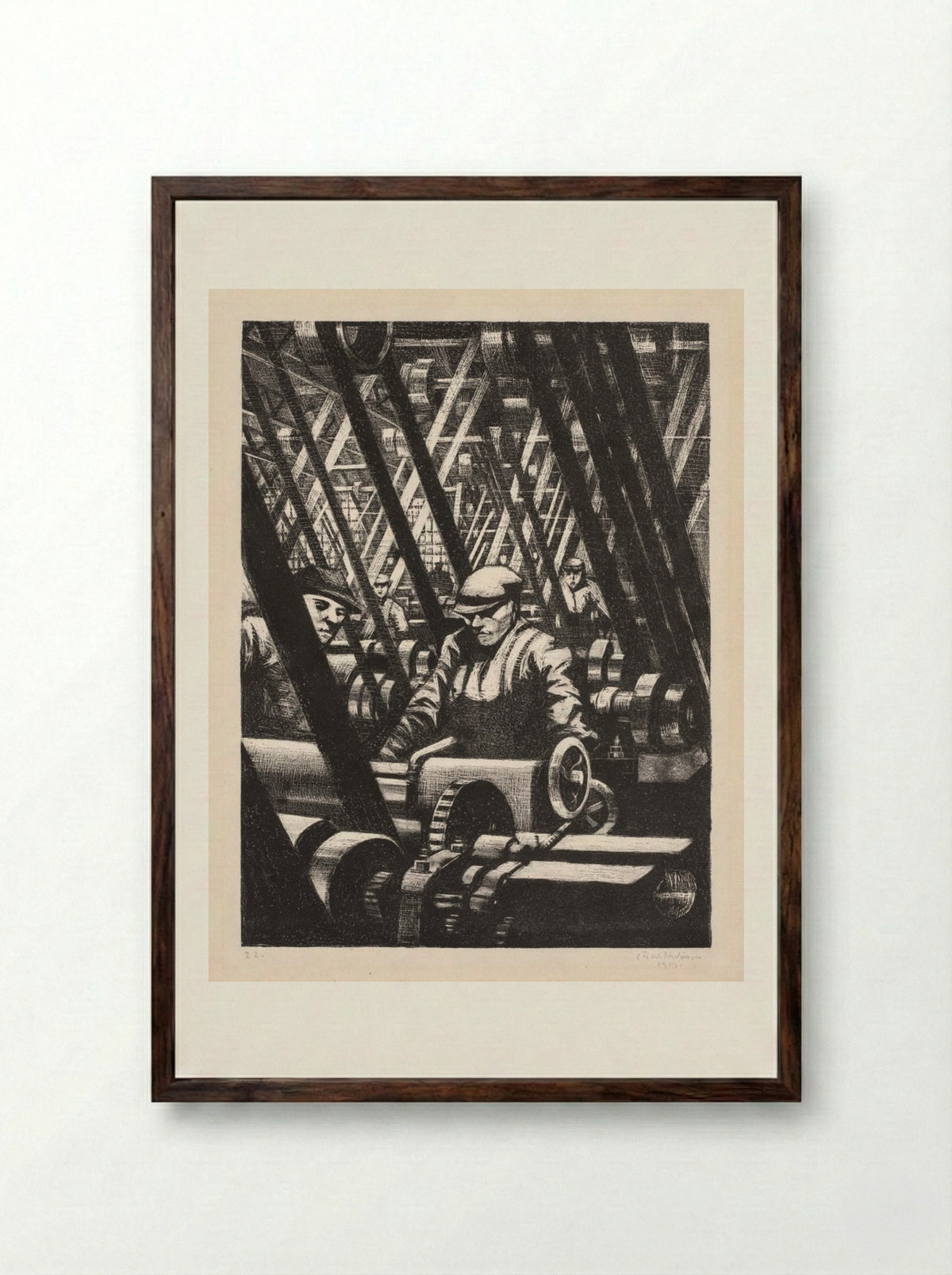 Building Aircraft: Making the Engine - Christopher Nevinson - Framed Print Dark Wood