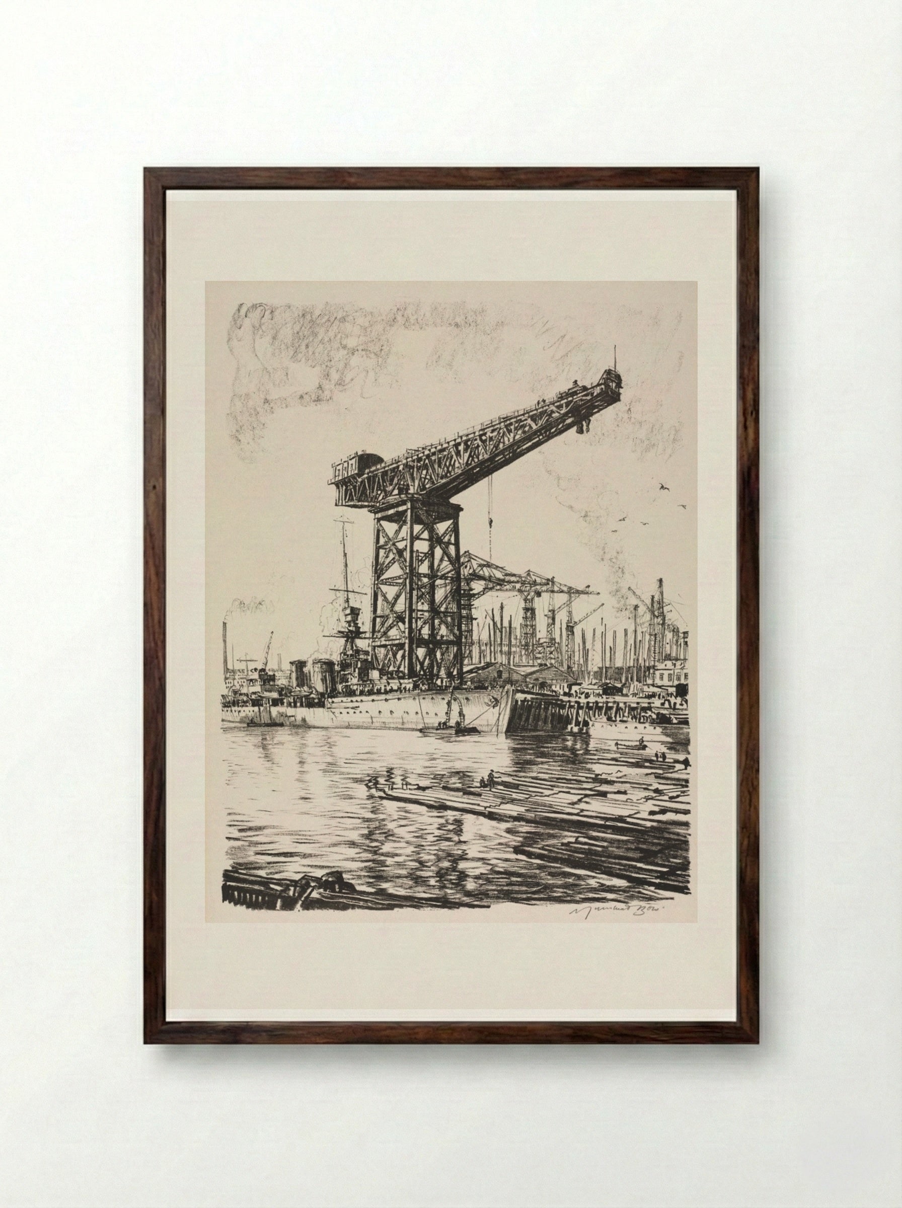 Building Ships: A Fitting Out Basin - Muirhead Bone - Framed Print Dark Wood