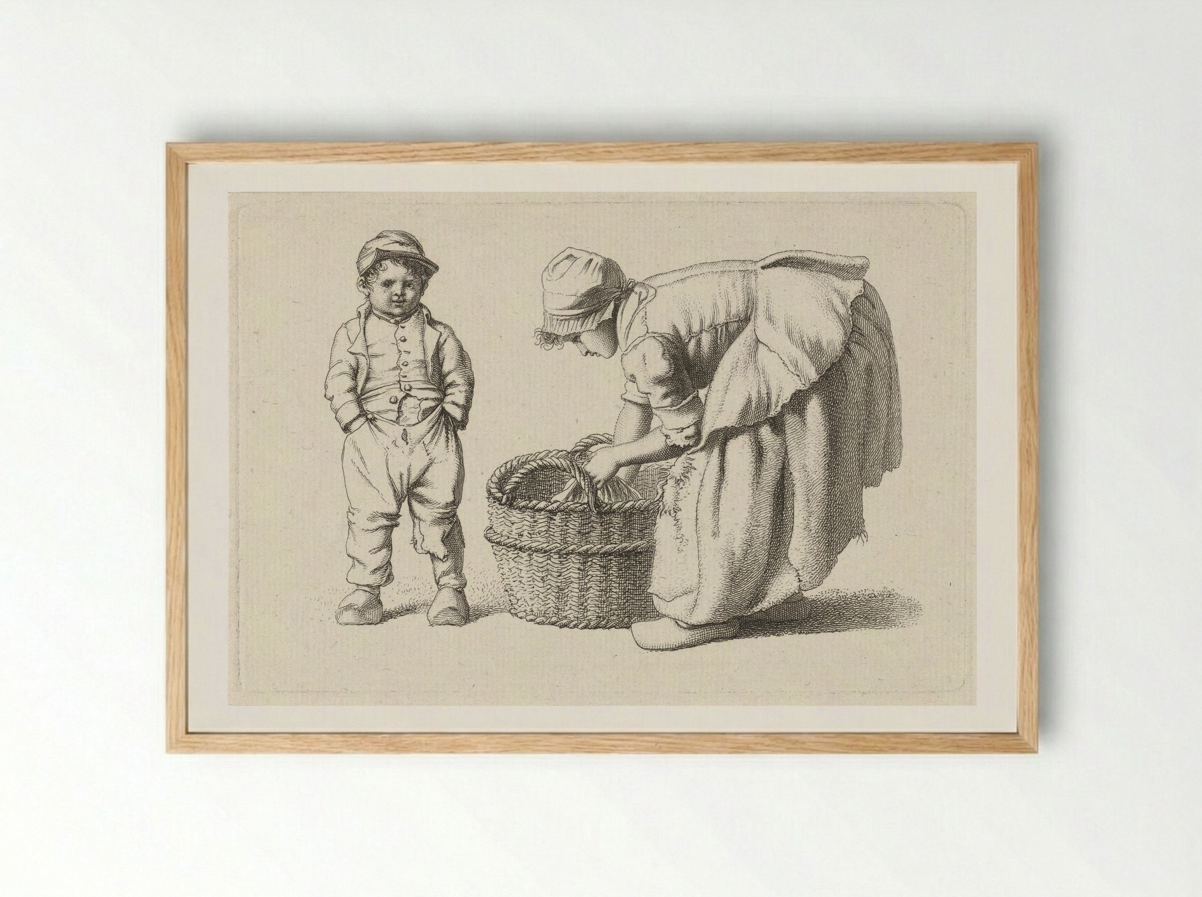Bukkend meisje bij een mand en een kind - Jacob Ernst Marcus - Framed Print Wood