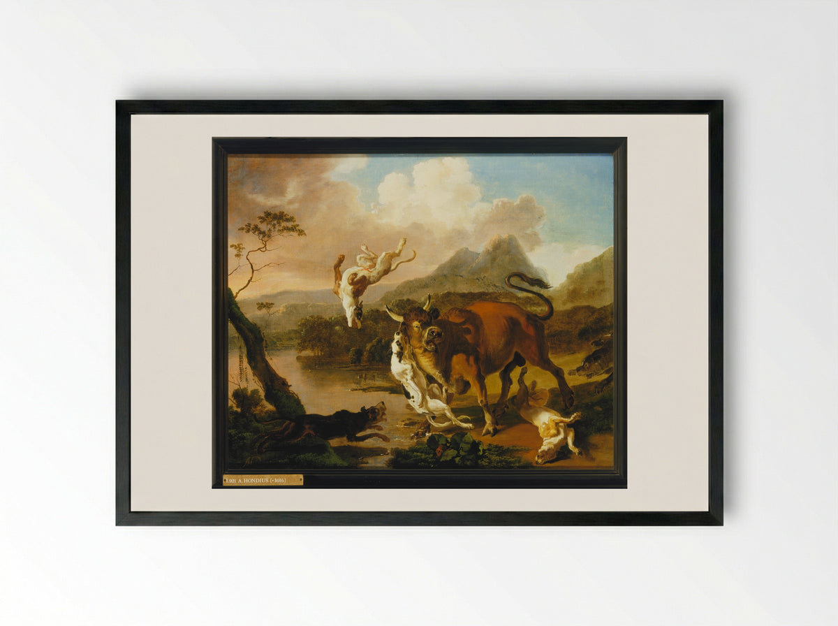 Bull Attacked by Dogs - Abraham Daniëlsz. Hondius - Framed Print Black