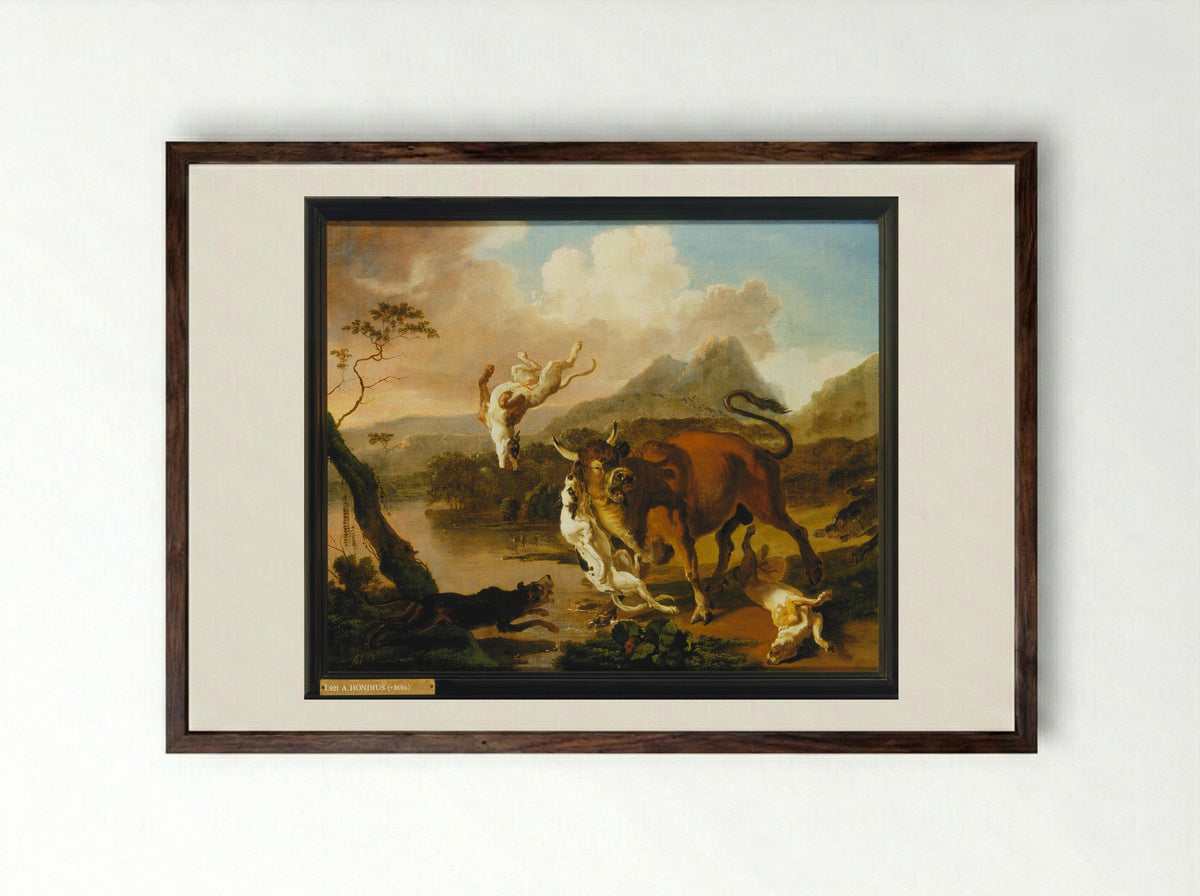 Bull Attacked by Dogs - Abraham Daniëlsz. Hondius - Framed Print Dark Wood