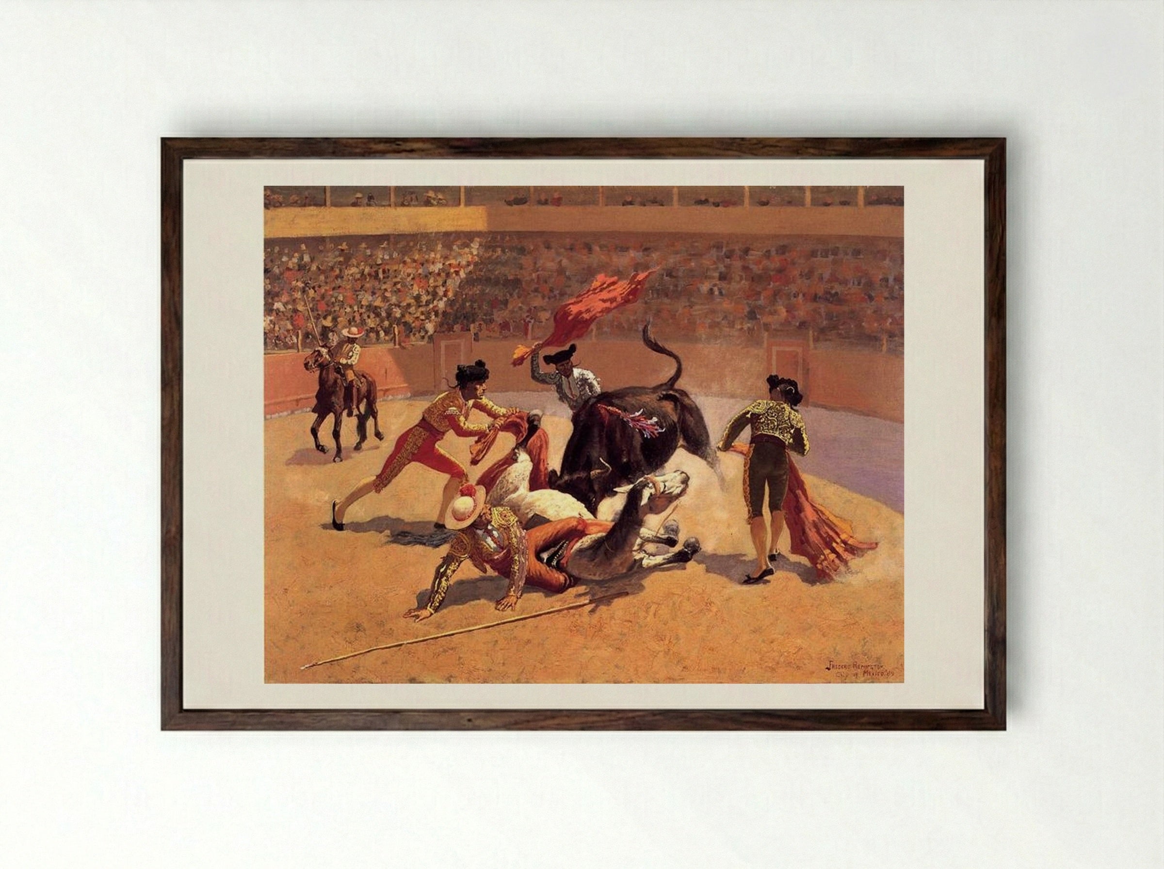 Bull Fight in Mexico - Frederic Remington - Framed Print Dark Wood