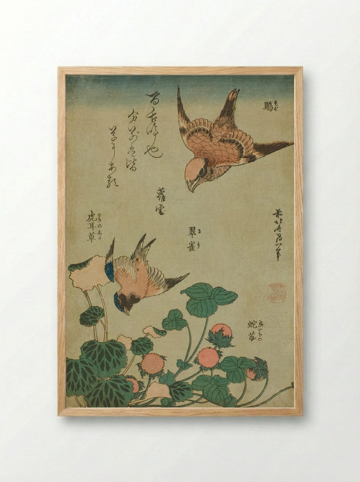 Bull-headed Shrike and Bluebird with Saxifrage and Wild Strawberry - Katsushika Hokusai - Framed Print Wood