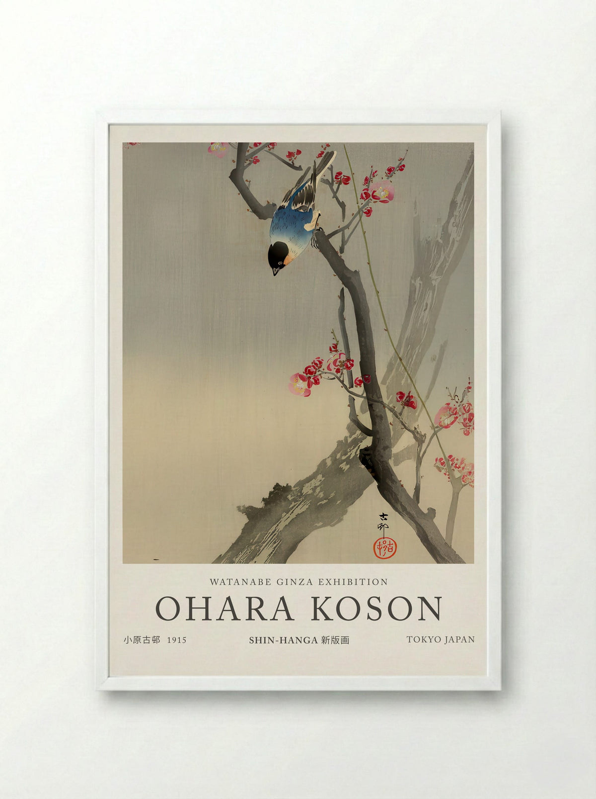 Bullfinch On Flowering Plum - Ohara Koson - Framed Print White