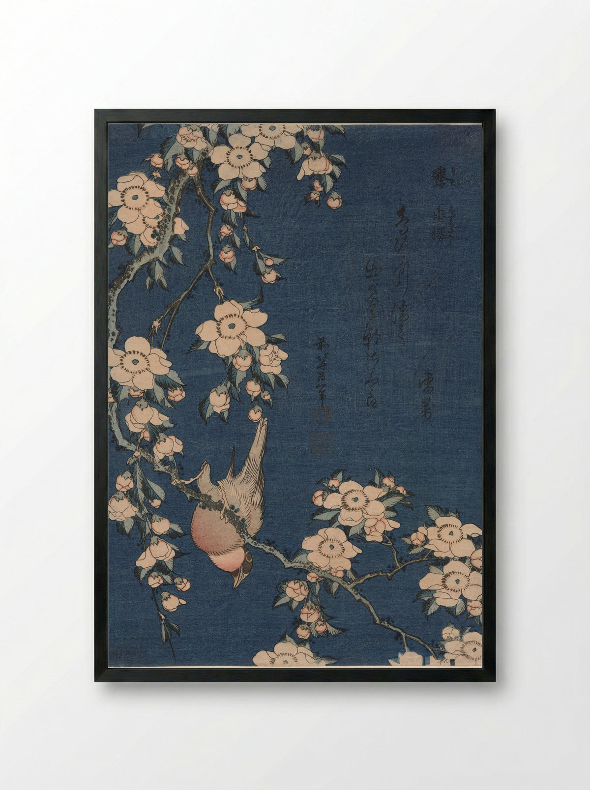 Bullfinch and Weeping Cherry - Katsushika Hokusai - Framed Print Black