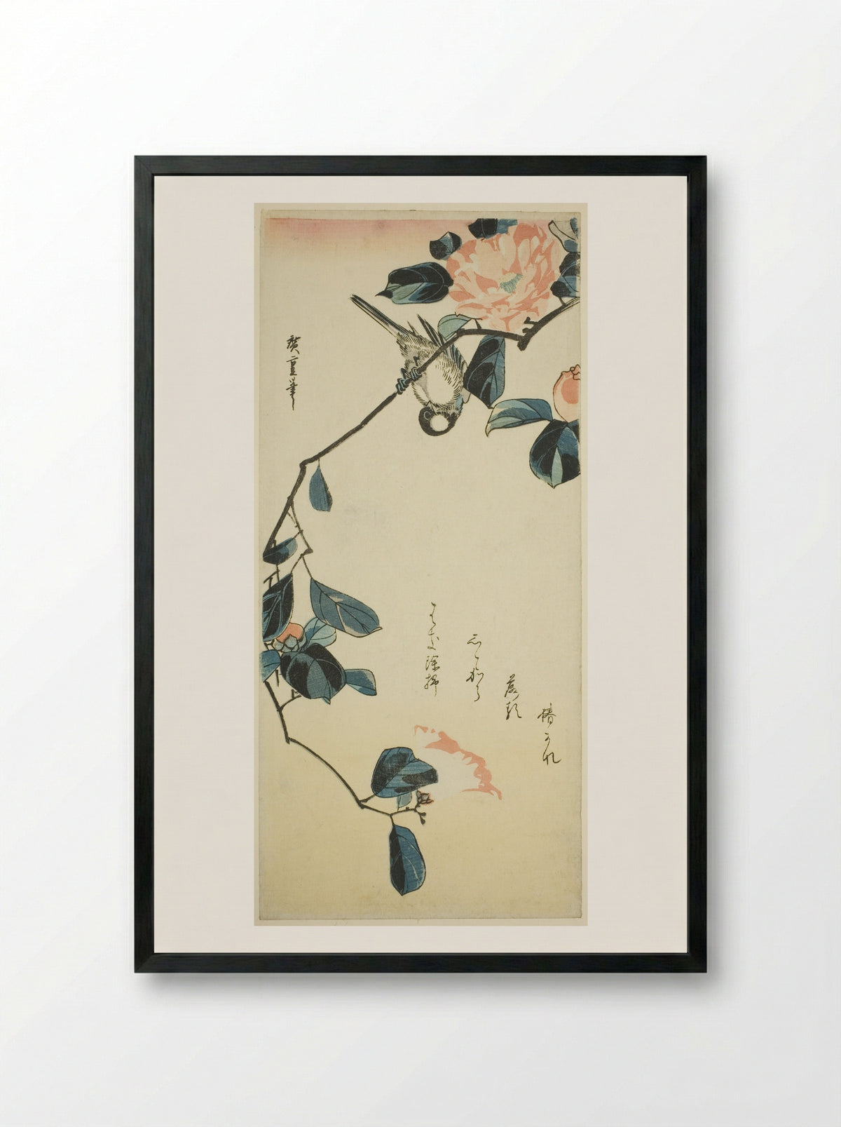 Bullfinch on Camellia Branch - Utagawa Hiroshige - Framed Print Black