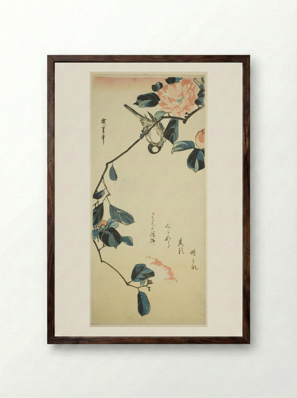 Bullfinch on Camellia Branch - Utagawa Hiroshige - Framed Print Dark Wood