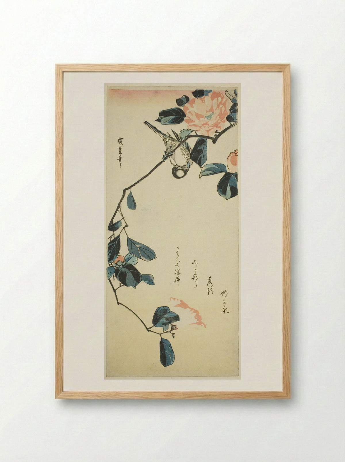 Bullfinch on Camellia Branch - Utagawa Hiroshige - Framed Print Wood