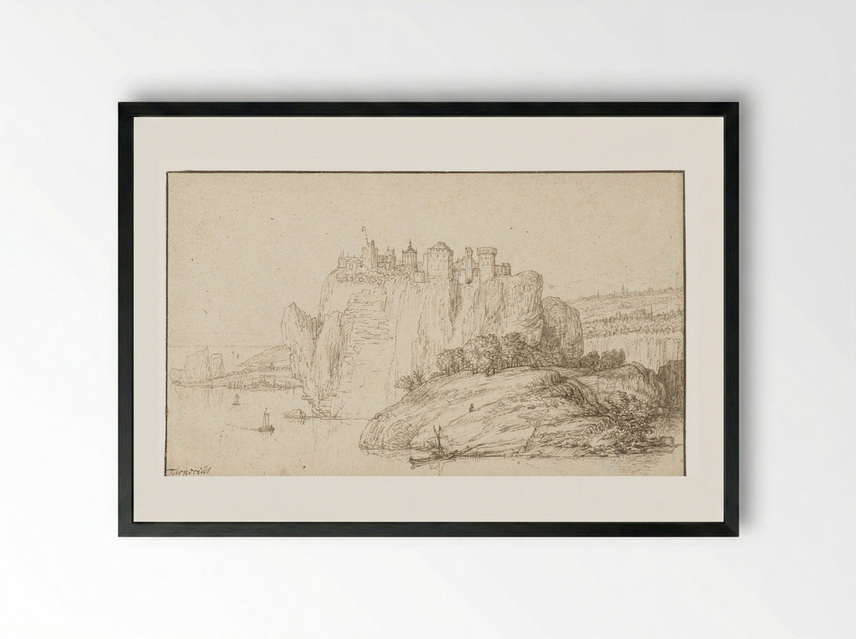 Burcht op een rots in een rivierlandschap - Abraham Furnerius - Framed Print Black