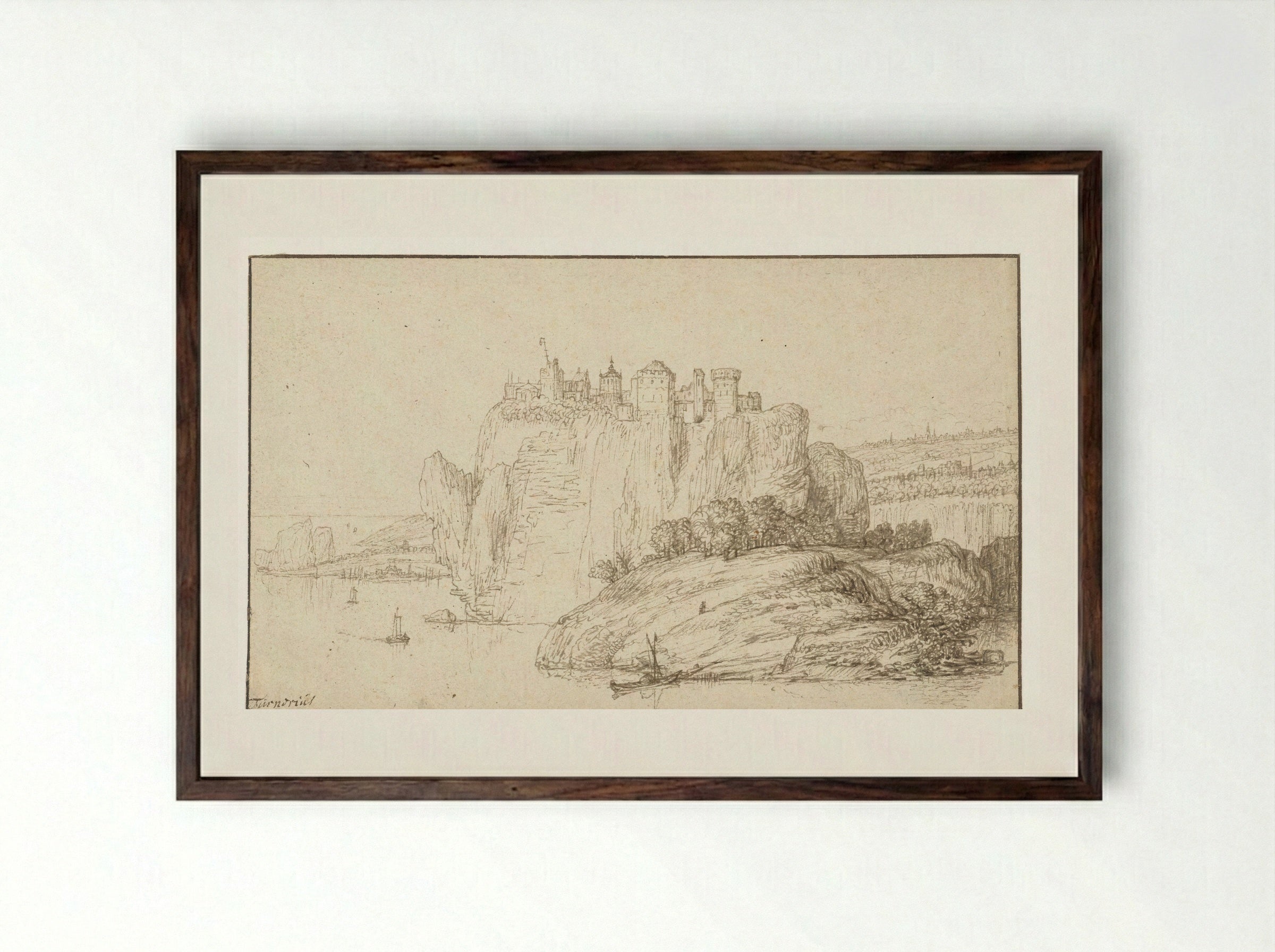 Burcht op een rots in een rivierlandschap - Abraham Furnerius - Framed Print Dark Wood