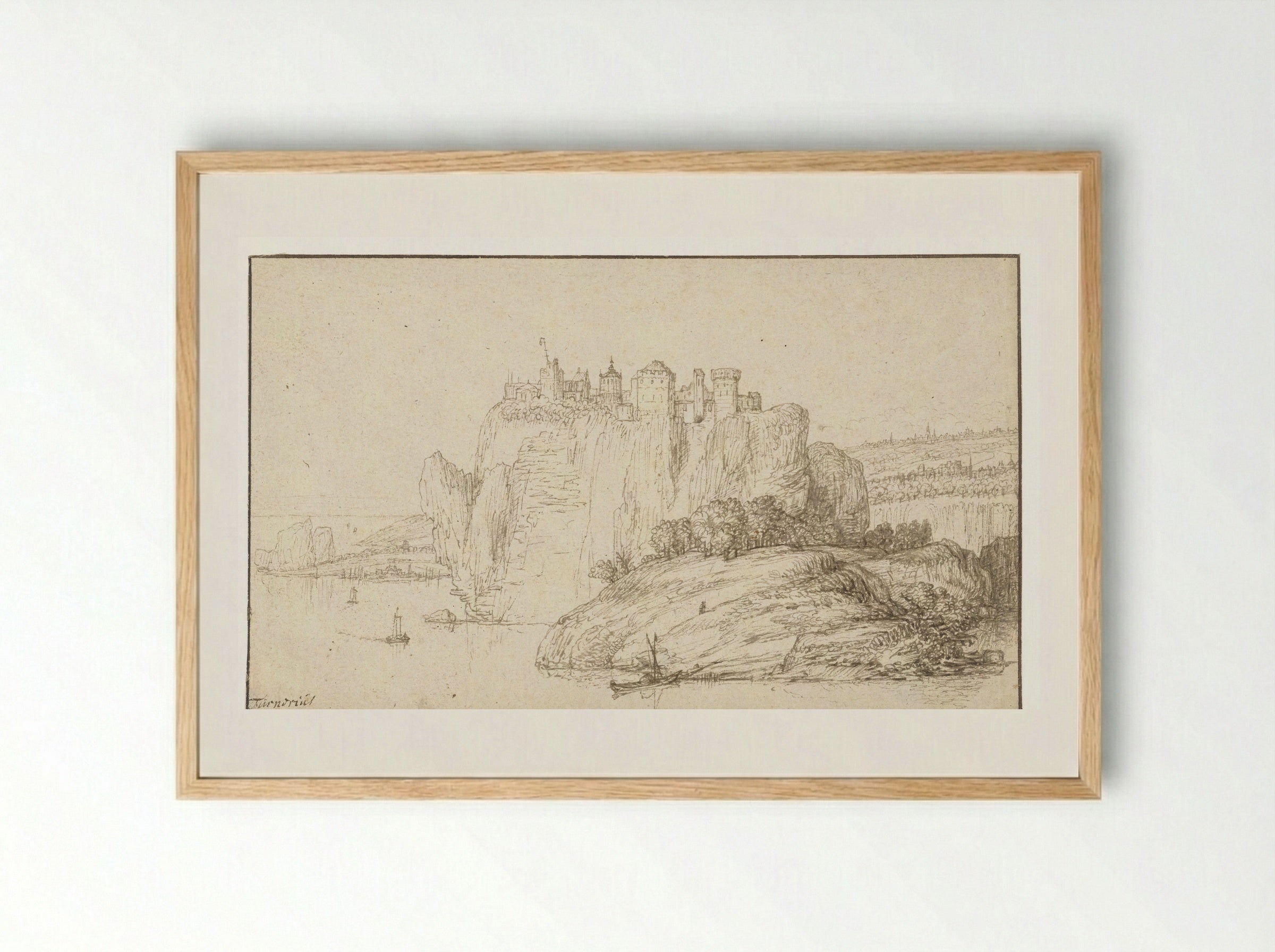Burcht op een rots in een rivierlandschap - Abraham Furnerius - Framed Print Wood
