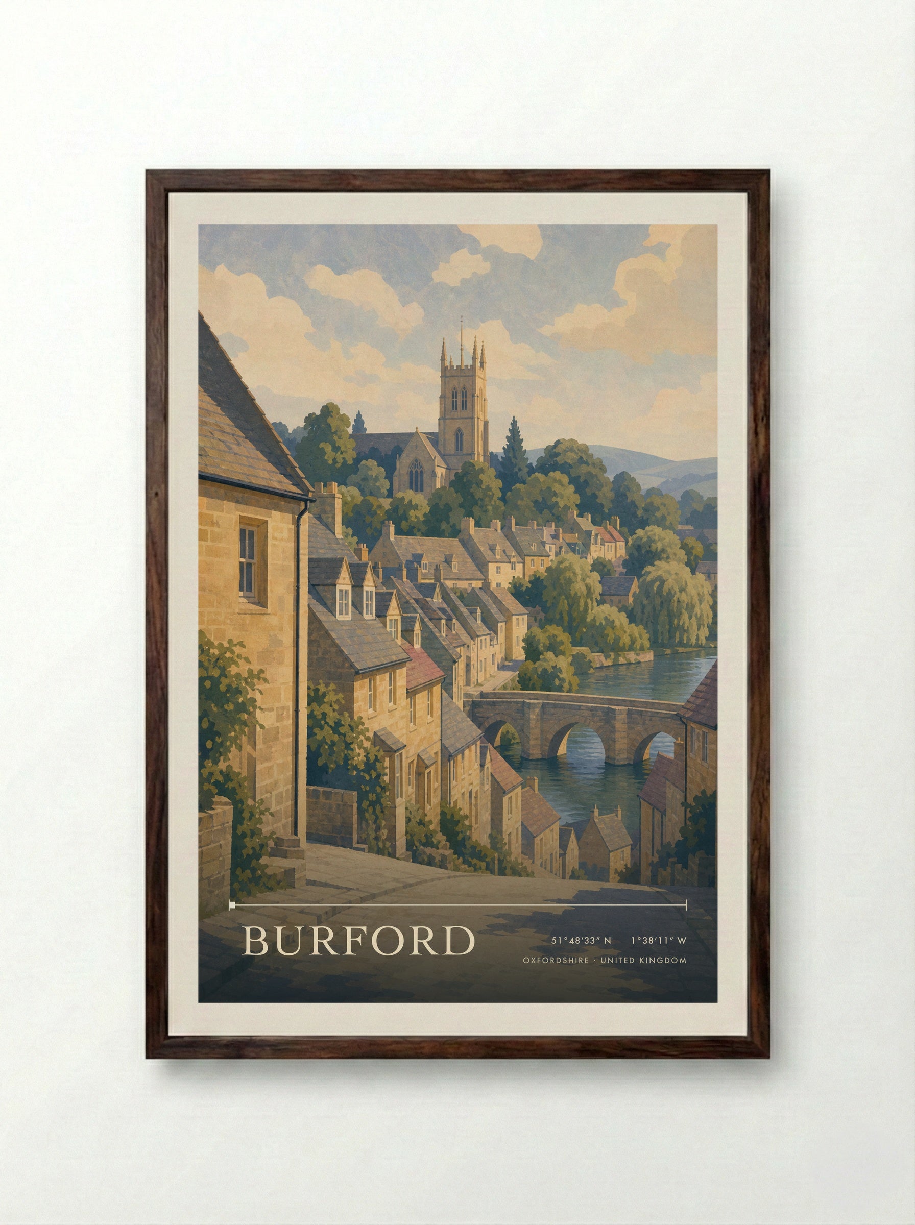 Burford Oxfordshire United Kingdom Travel Poster - Framed Print Dark Wood