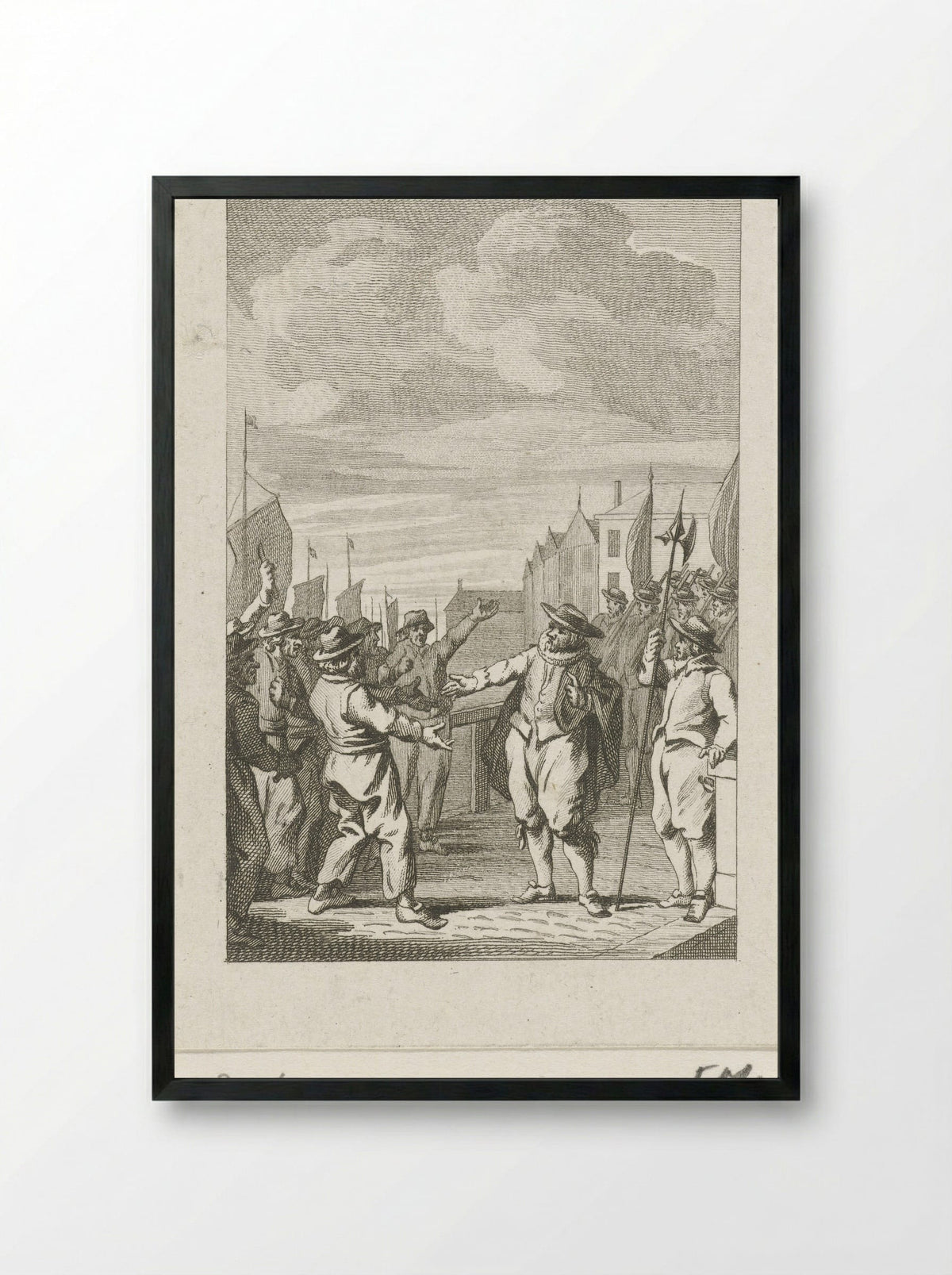 Burgemeester Joost Buyck kalmeert het bootsvolk, 1567 - Harmanus Vinkeles - Framed Print Black