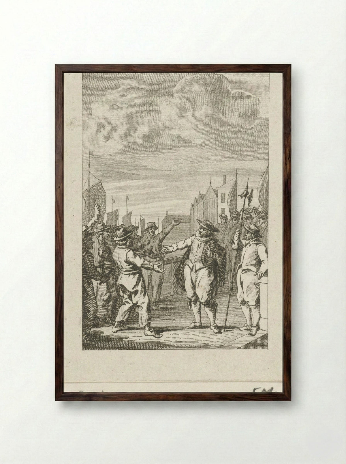 Burgemeester Joost Buyck kalmeert het bootsvolk, 1567 - Harmanus Vinkeles - Framed Print Dark Wood