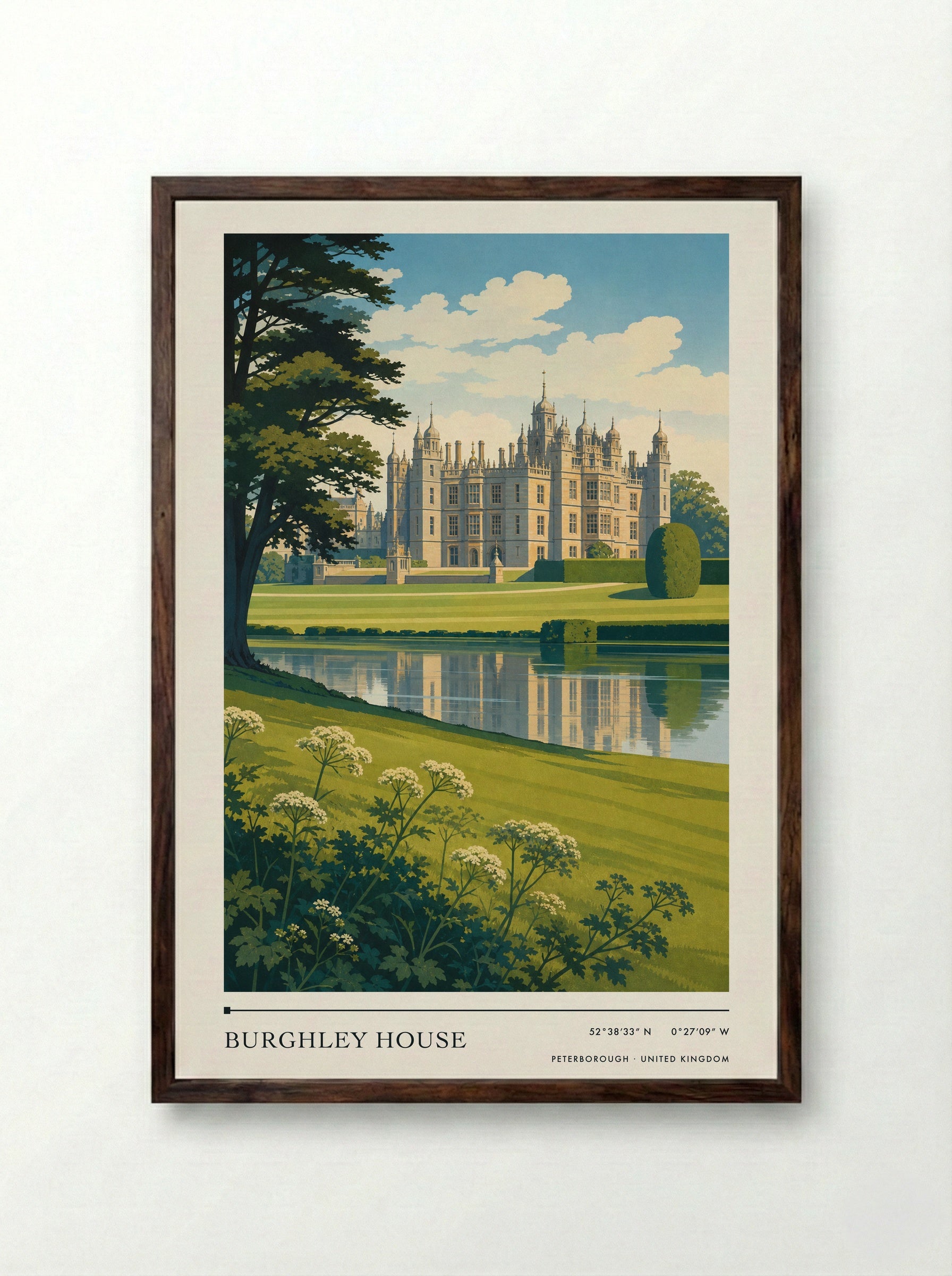 Burghley House Peterborough United Kingdom Travel Poster - Framed Print Dark Wood