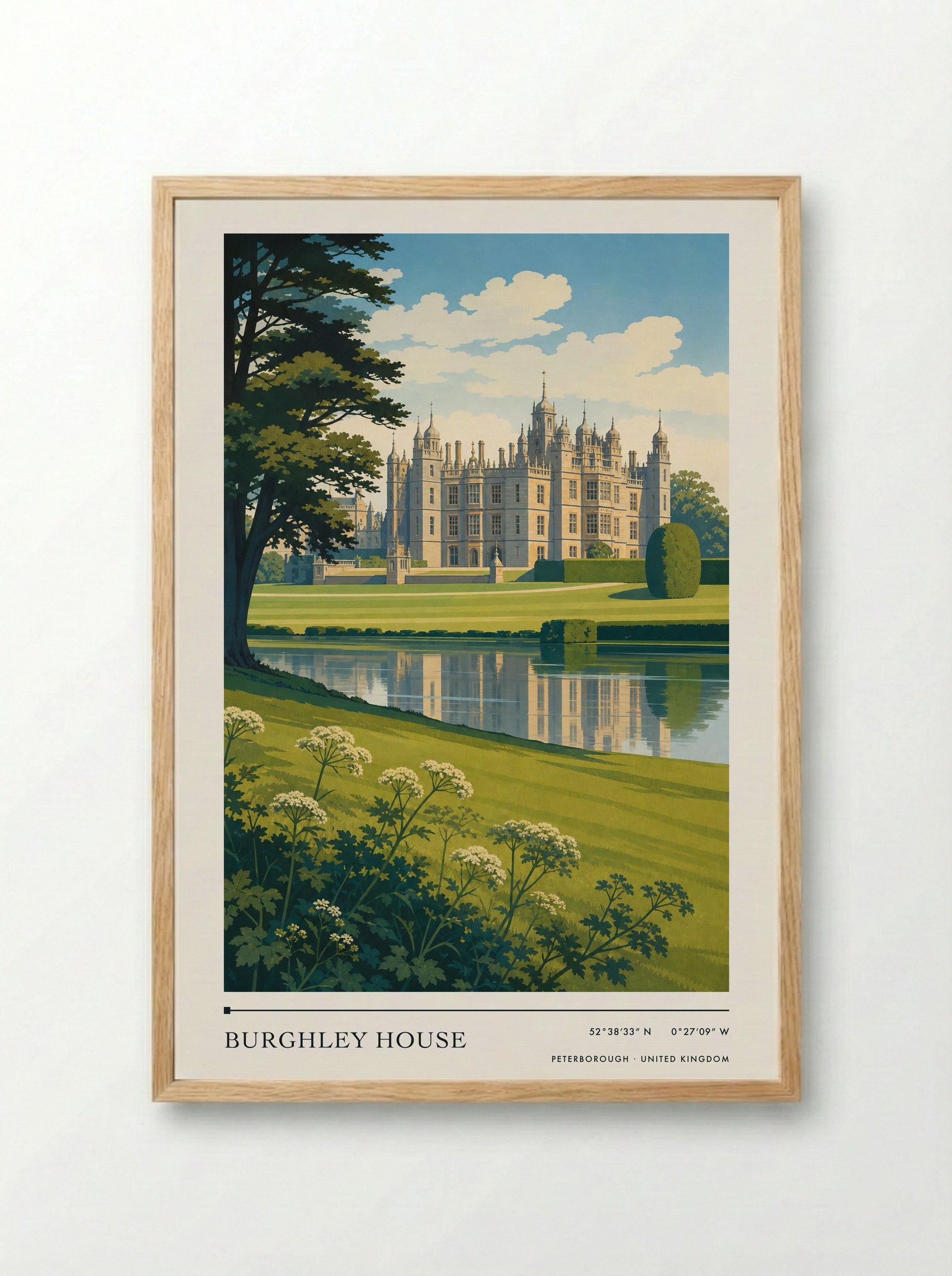Burghley House Peterborough United Kingdom Travel Poster - Framed Print Wood